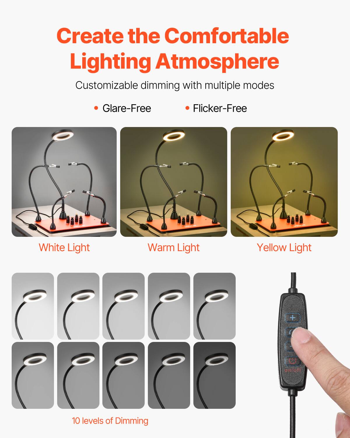 Create the Comfortable Lighting Atmosphere

Customizable dimming with multiple modes

- Glare-Free
- Flicker-Free

White Light
Warm Light
Yellow Light

10 levels of Dimming