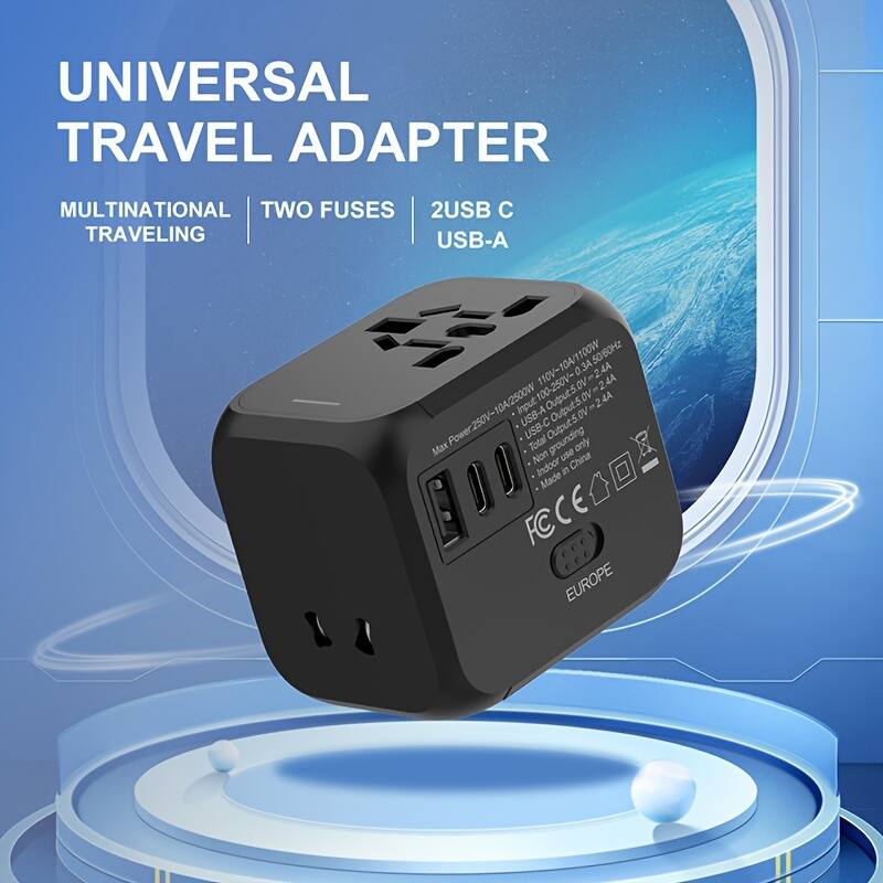 UNIVERSAL TRAVEL ADAPTER

MULTINATIONAL TRAVELING  
TWO FUSES  
2 USB C  
USB-A

Input: 100-250V  
Output: 50/60Hz  
Power: 250V-10A/2500W  
USB-C Output: 5.0V  
USB-A Output: 5.0V  
Max Total Output: 2.4A  
Non use China Indoor  
Made in China  
FC CE  
EUROPE