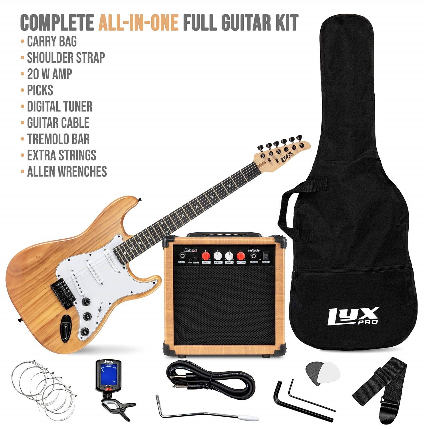 COMPLETE ALL-IN-ONE FULL GUITAR KIT
CARRY BAG
SHOULDER STRAP
20 W AMP
PICKS
DIGITAL TUNER
GUITAR CABLE
TREMOLO BAR
EXTRA STRINGS
ALLEN WRENCHES