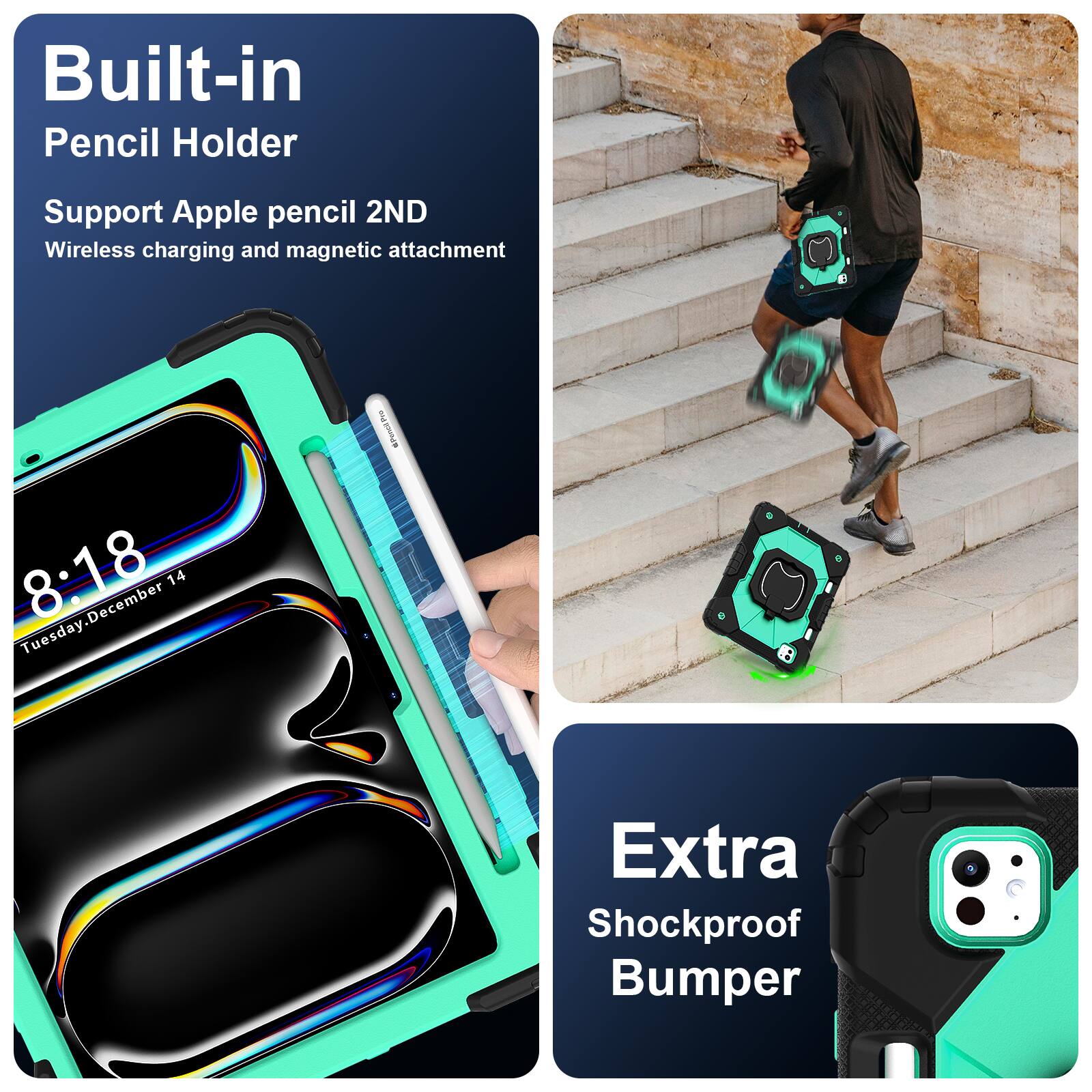 Built-in Pencil Holder  
Support Apple pencil 2ND  
Wireless charging and magnetic attachment  

Extra Shockproof Bumper