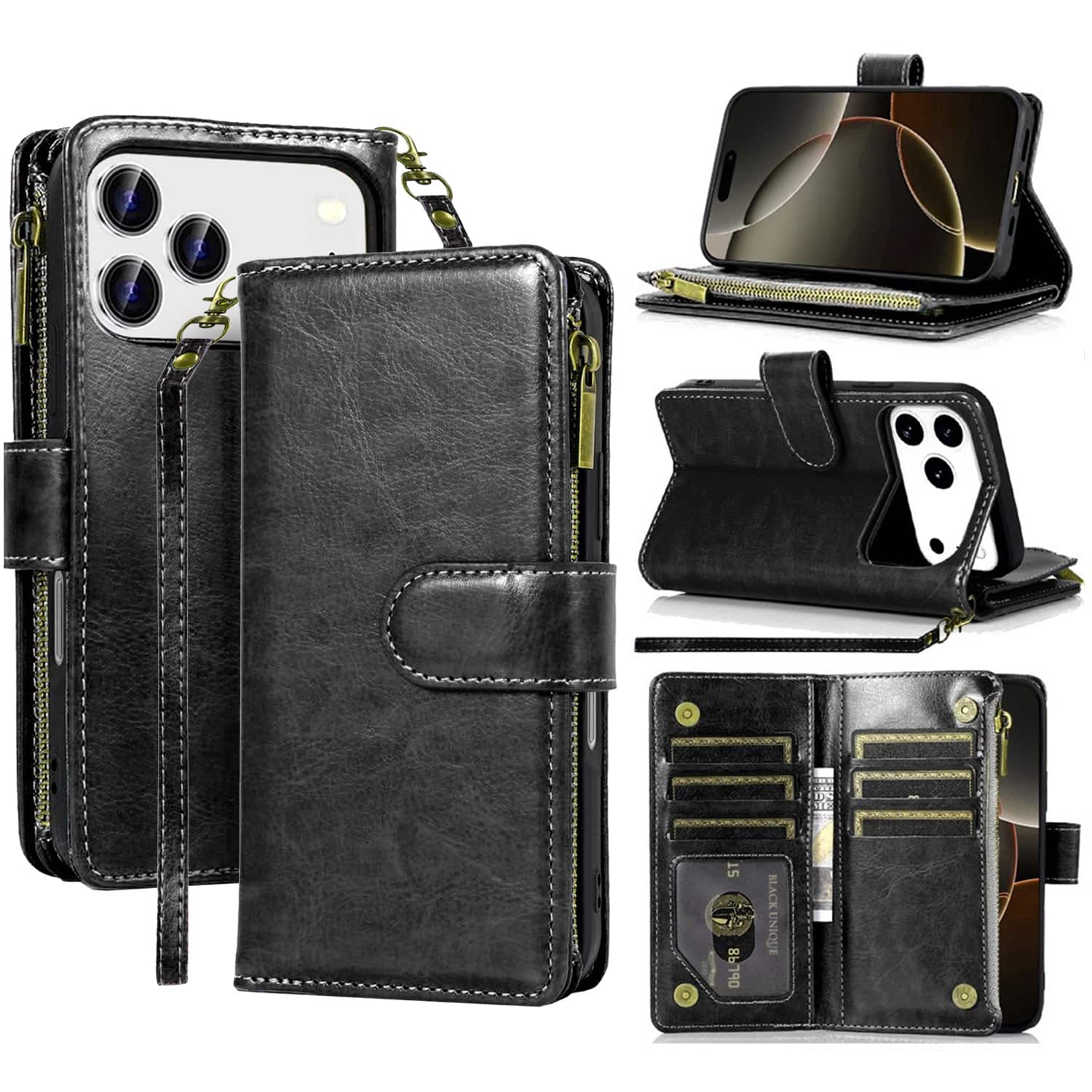 Equipd - Phone Case for iPhone 17 Pro Max 6.9", Luxury Wallet Card ID Zipper Money Holder Cover - Black