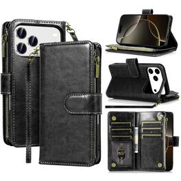 Equipd - Phone Case for iPhone 17 Pro Max 6.9", Luxury Wallet Card ID Zipper Money Holder Cover - Black