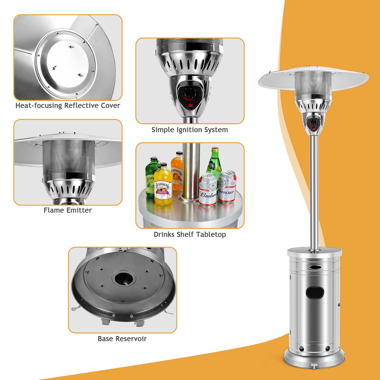 Heat-focusing Reflective Cover  
Simple Ignition System  
Flame Emitter  
Drinks Shelf Tabletop  
Base Reservoir