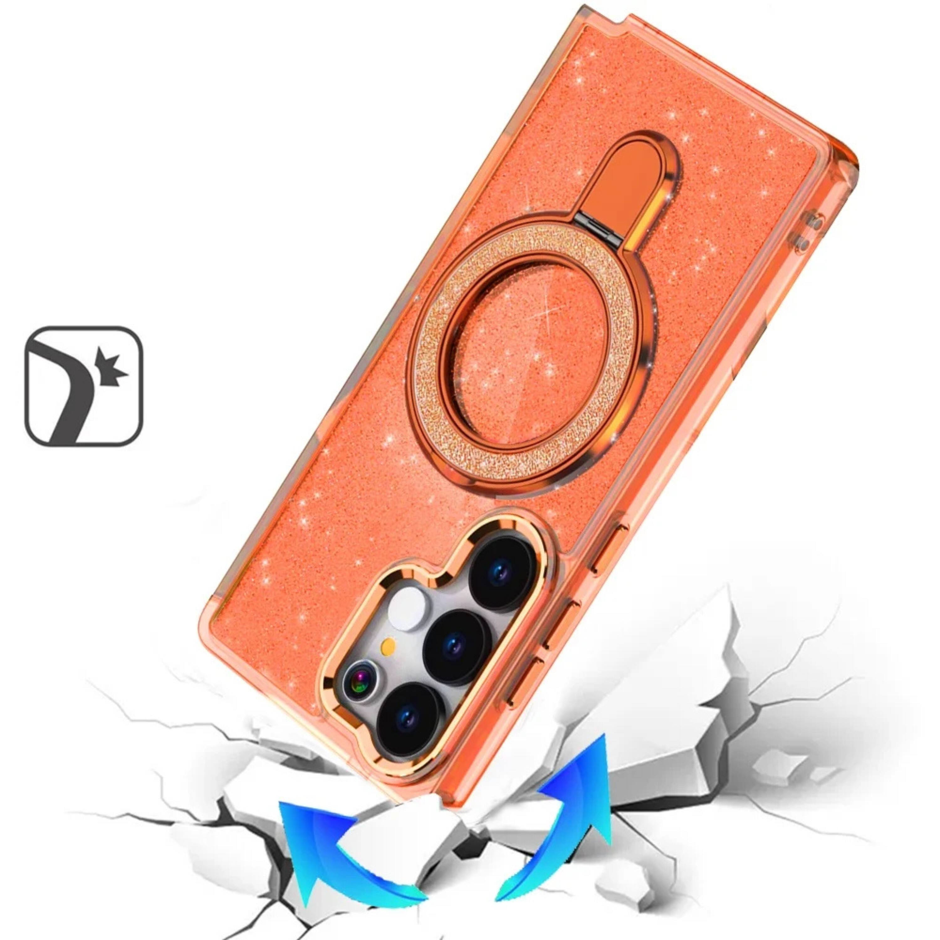 Angle. Kitcheniva - Translucent Glitter Magnetic Circle Phone Case With Tempered Glass For Samsung S26 Ultra Orange - Orange.