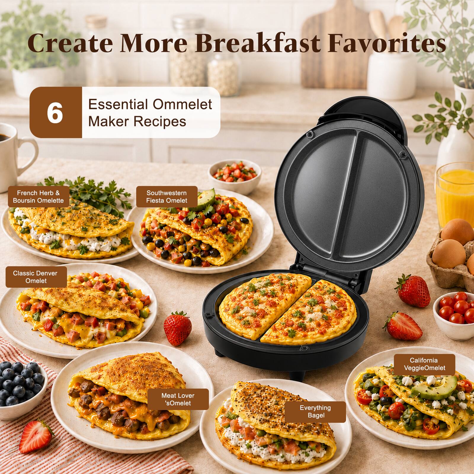 Create More Breakfast Favorites

6 Essential Omelet Maker Recipes

- French Herb & Boursin Omelette
- Southwestern Fiesta Omelet
- Classic Denver Omelet
- California Veggie Omelet
- Meat Lover's Omelet
- Everything Bagel