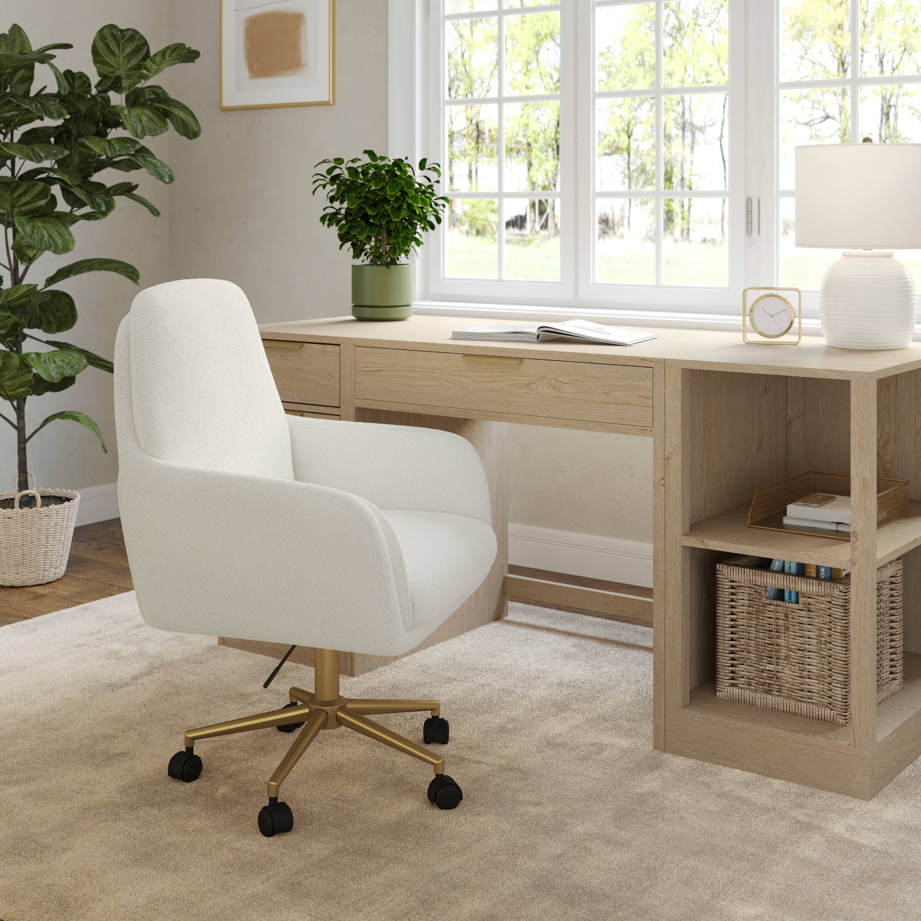 Alt View 1. Martha Stewart - Clara Upholstered Swivel Home Office Chair with Double Cushions - Off White Boucle/Polished Brass Frame.