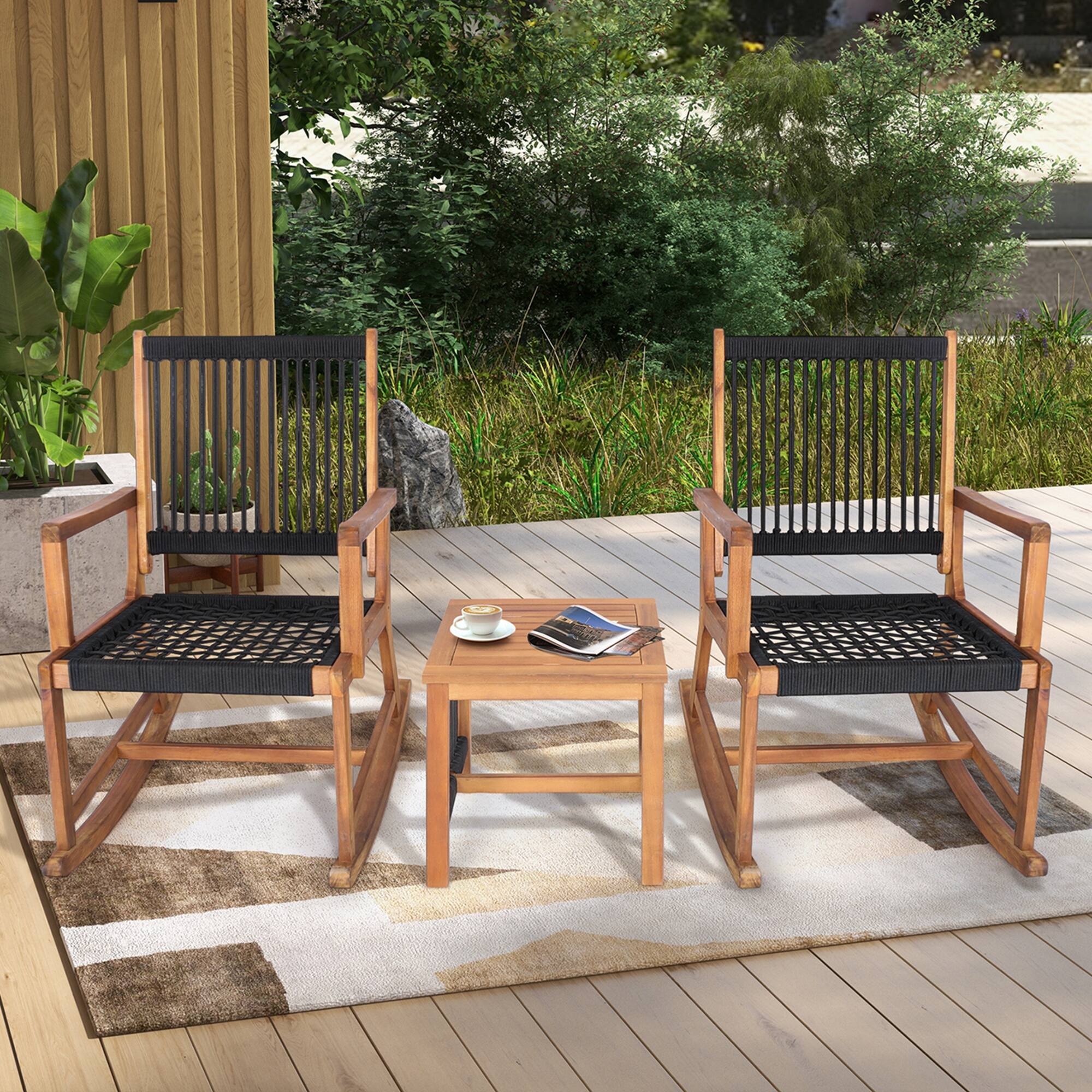 Alt View 1. Costway - Costway 3pcs Patio Acacia Wood Bistro Table Rocking Chair Set All-Weather Rope Outdoor - Black,Natural.