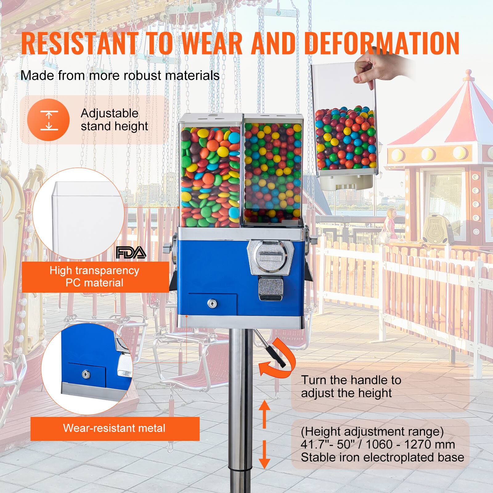 RESISTANT TO WEAR AND DEFORMATION

Made from more robust materials

Adjustable stand height

High transparency PC material

Wear-resistant metal

Turn the handle to adjust the height

(Height adjustment range) 41.7"- 50" / 1060 - 1270 mm

Stable iron electroplated base