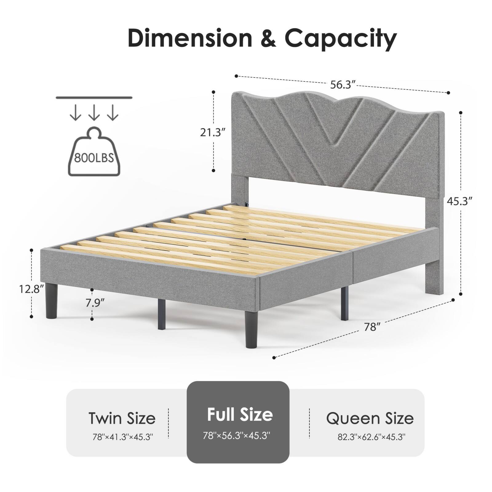Dimension & Capacity

- 56.3"
- 21.3"
- 800LBS
- 45.3"
- 12.8"
- 7.9"
- 78"

Twin Size: 78"x41.3"x45.3"

Full Size: 78"x56.3"x45.3"

Queen Size: 82.3"x62.6"x45.3"