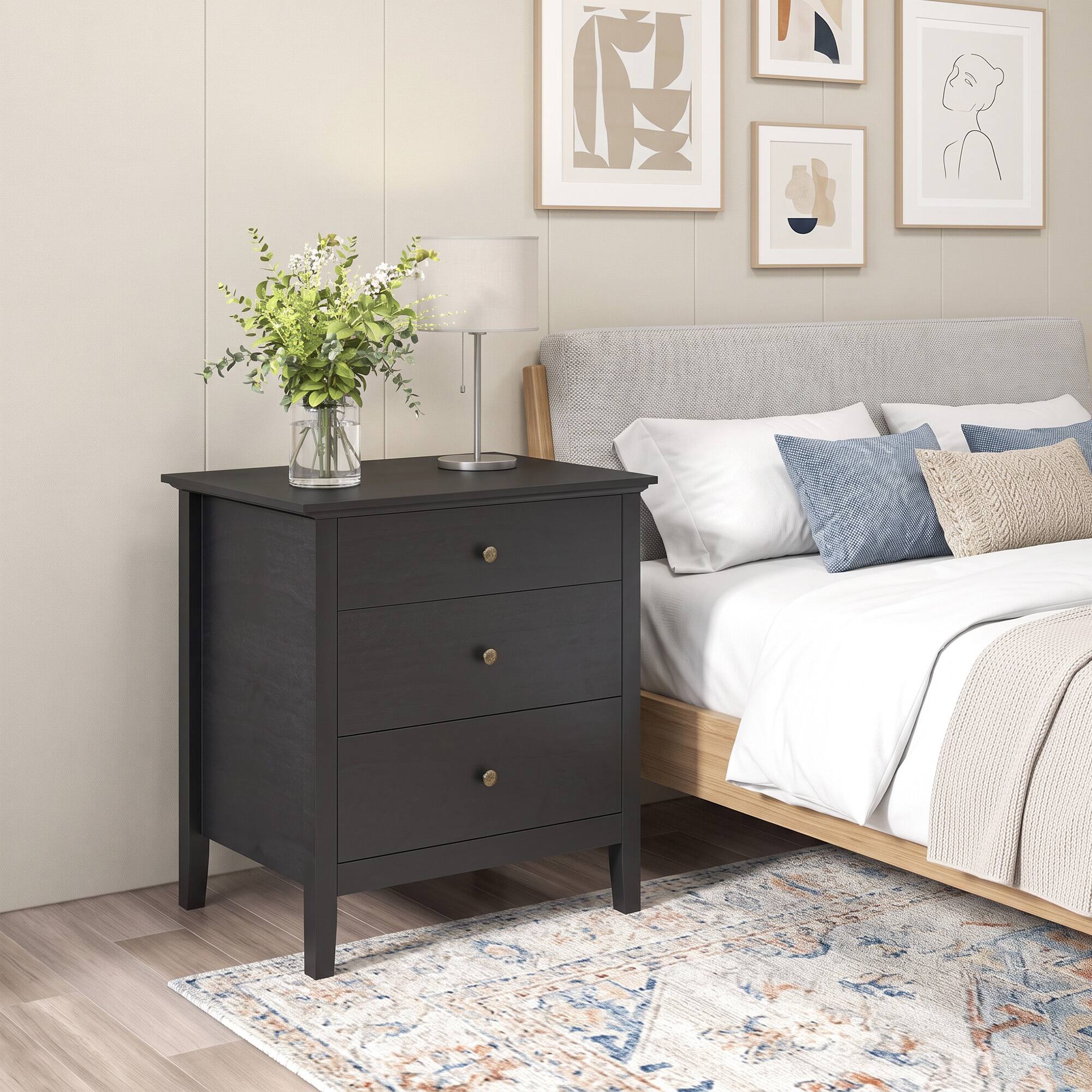 WELLFOR - Modern 3-Drawer Wooden Nightstand - Black