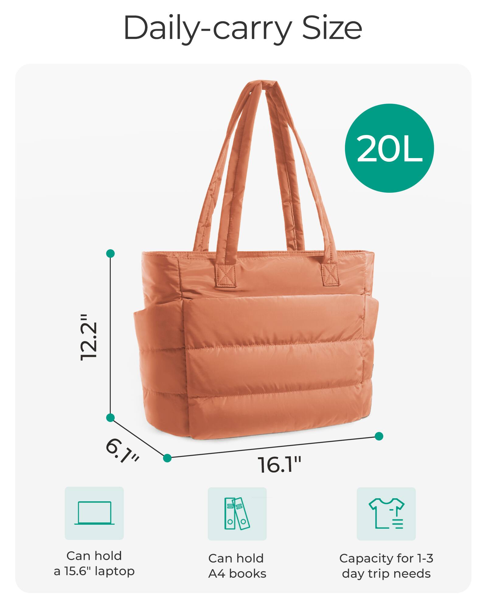 Daily-carry Size  
20L  
12.2"  
6.1"  
16.1"  
Can hold a 15.6" laptop  
Can hold A4 books  
Capacity for 1-3 day trip needs