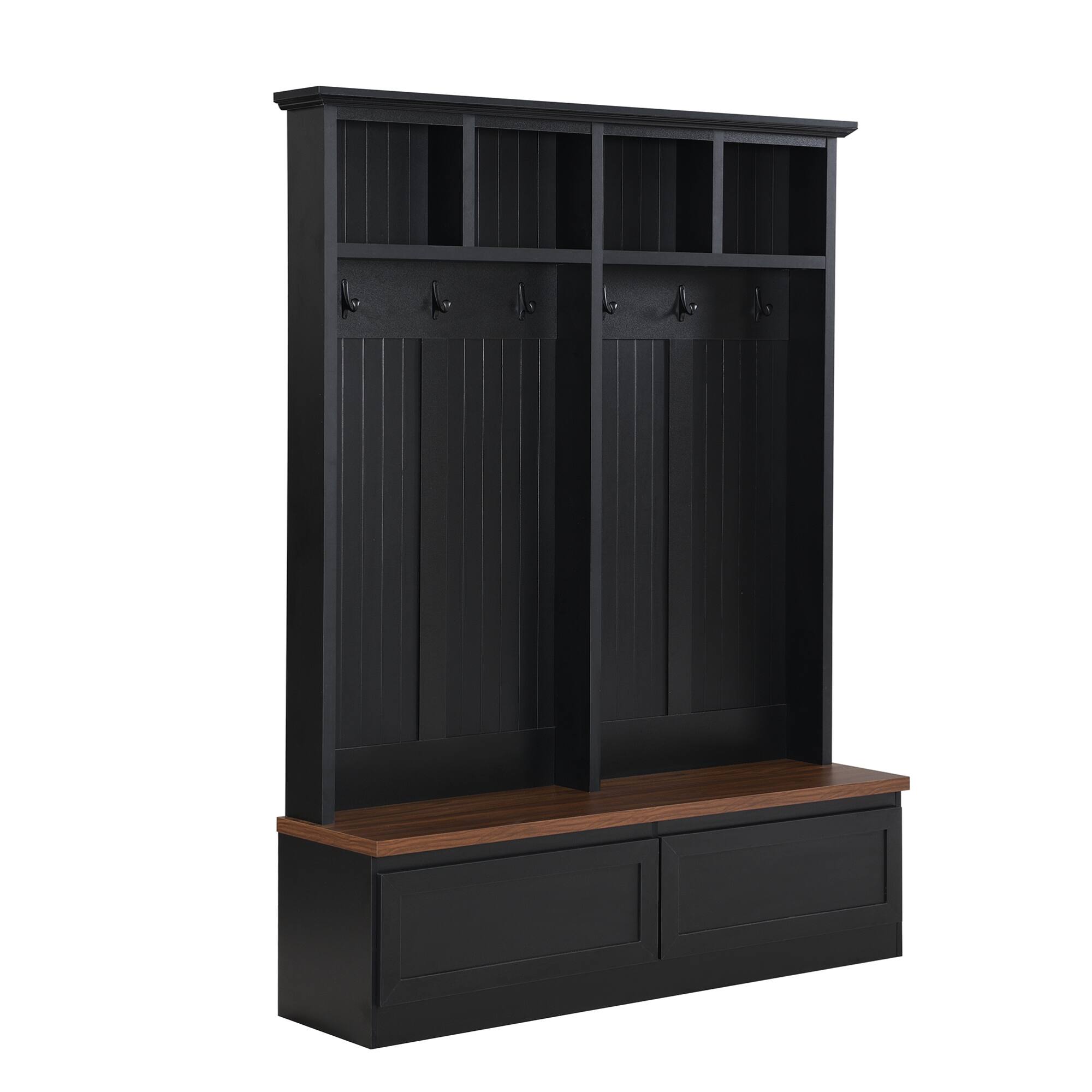 Alt View 6. GOODSILO - 4-in-1 Farmhouse Entryway Hall Tree with Bench, Storage Drawers, and Coat Hooks for Organized Mudroom Space - Black+Dark Walnut.