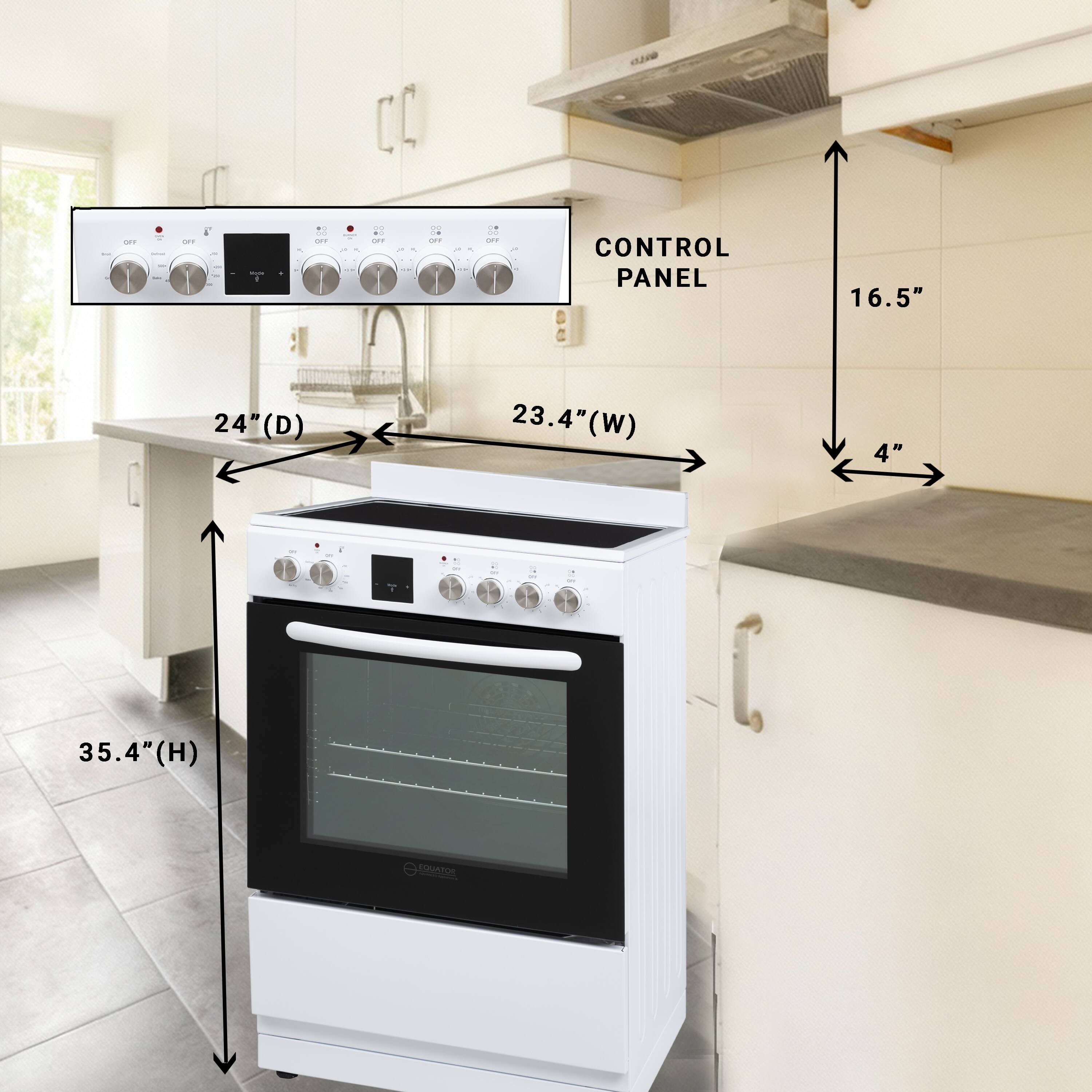 - CONTROL PANEL
- 16.5" (H)
- 24" (D)
- 23.4" (W)
- 4"
- 35.4" (H)