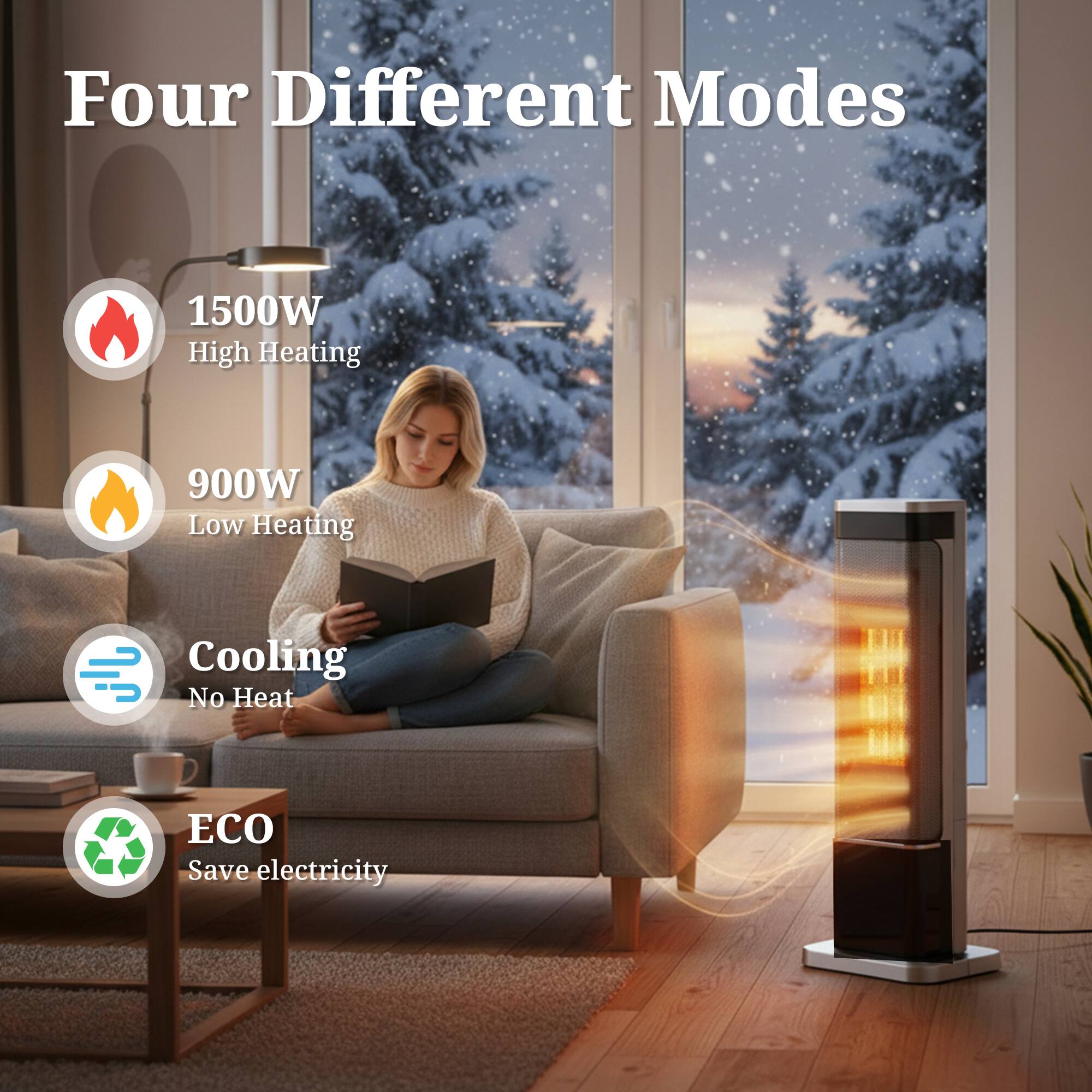 Four Different Modes

1500W High Heating  
900W Low Heating  
Cooling No Heat  
ECO Save electricity