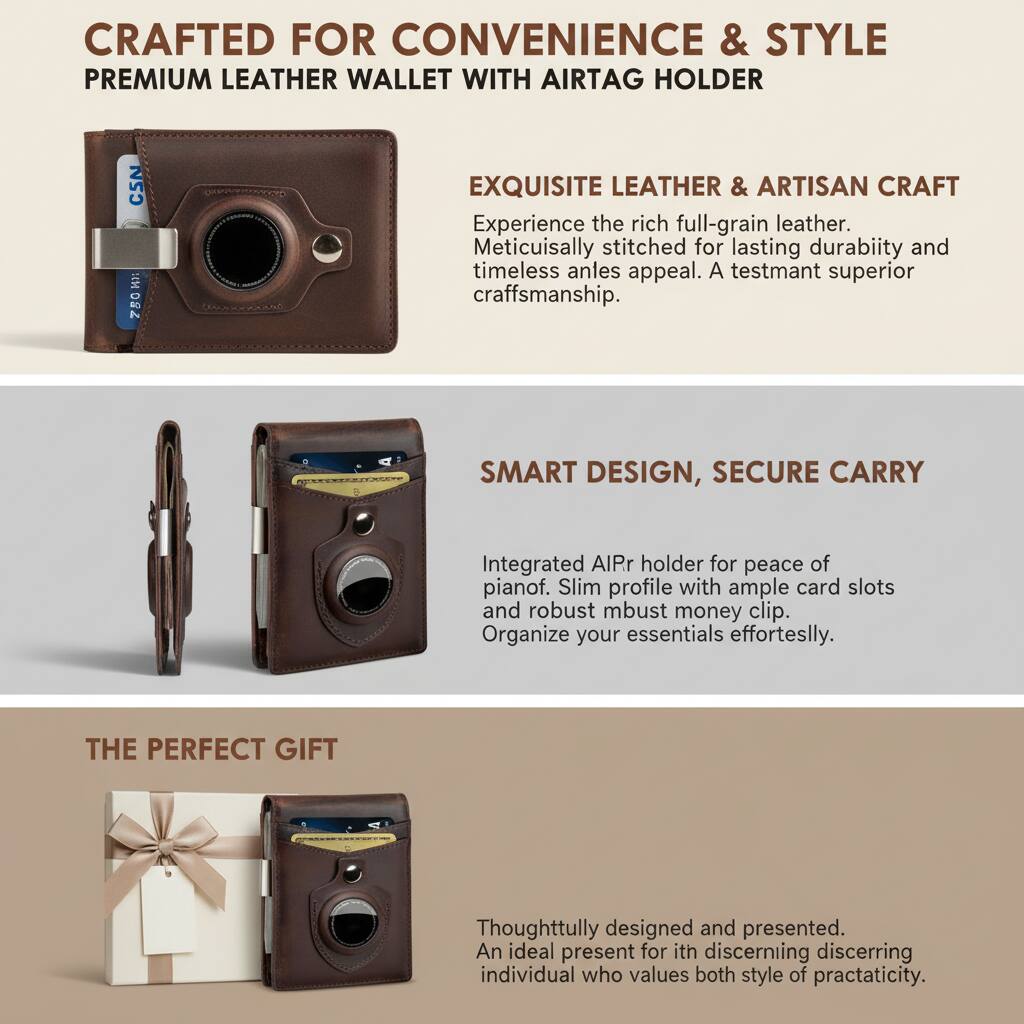 CRAFTED FOR CONVENIENCE & STYLE  
PREMIUM LEATHER WALLET WITH AIRTAG HOLDER  

EXQUISITE LEATHER & ARTISAN CRAFT  
Experience the rich full-grain leather. Meticulously stitched for lasting durability and timeless appeal. A testament to superior craftsmanship.  

SMART DESIGN, SECURE CARRY  
Integrated AirTag holder for peace of mind. Slim profile with ample card slots and a robust money clip. Organize your essentials effortlessly.  

THE PERFECT GIFT  
Thoughtfully designed and presented. An ideal present for the discerning individual who values both style and practicality.