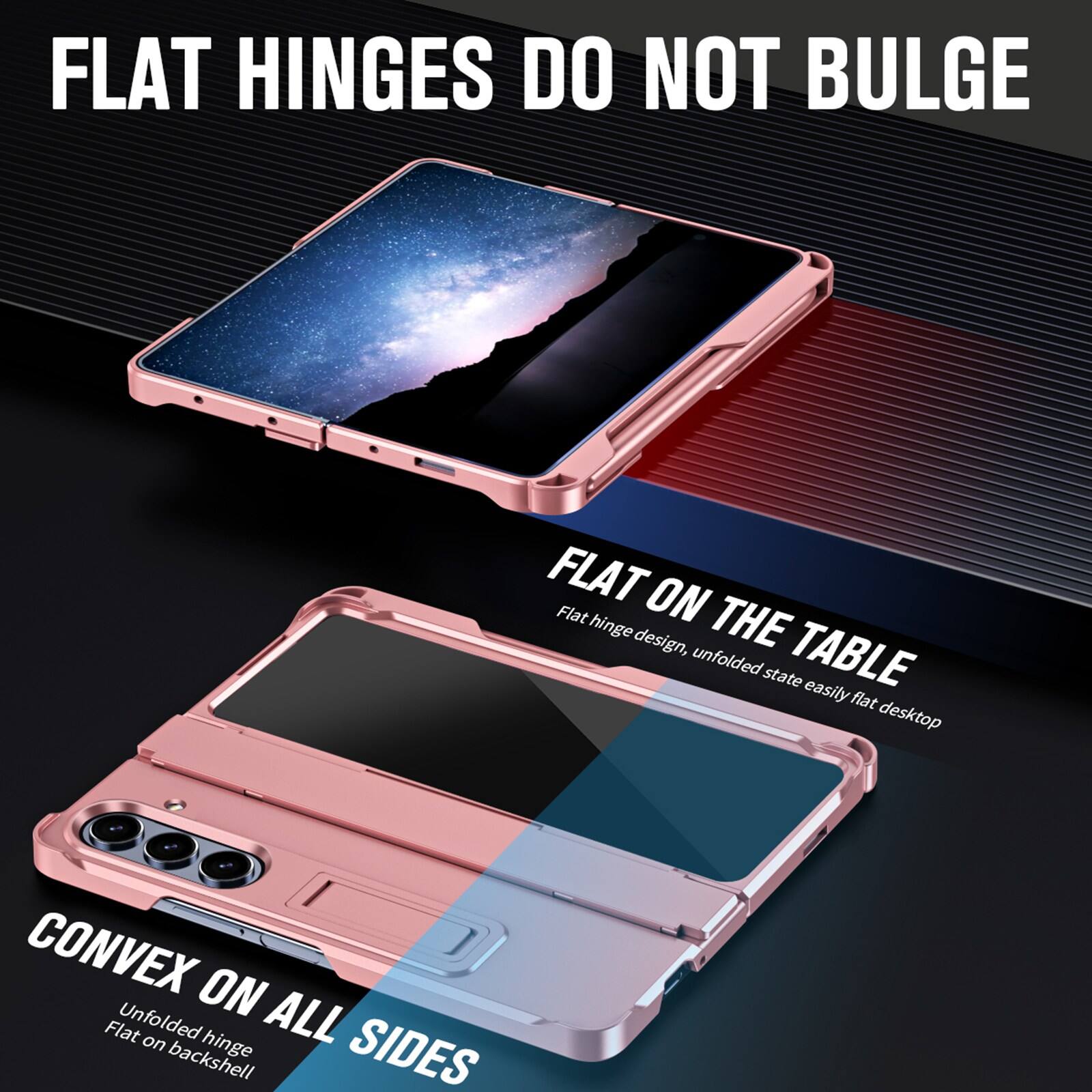 FLAT HINGES DO NOT BULGE

FLAT ON THE TABLE
Flat hinge design, unfolded state easily flat desktop

CONVEX ON ALL SIDES
Unfolded hinge Flat on backshell