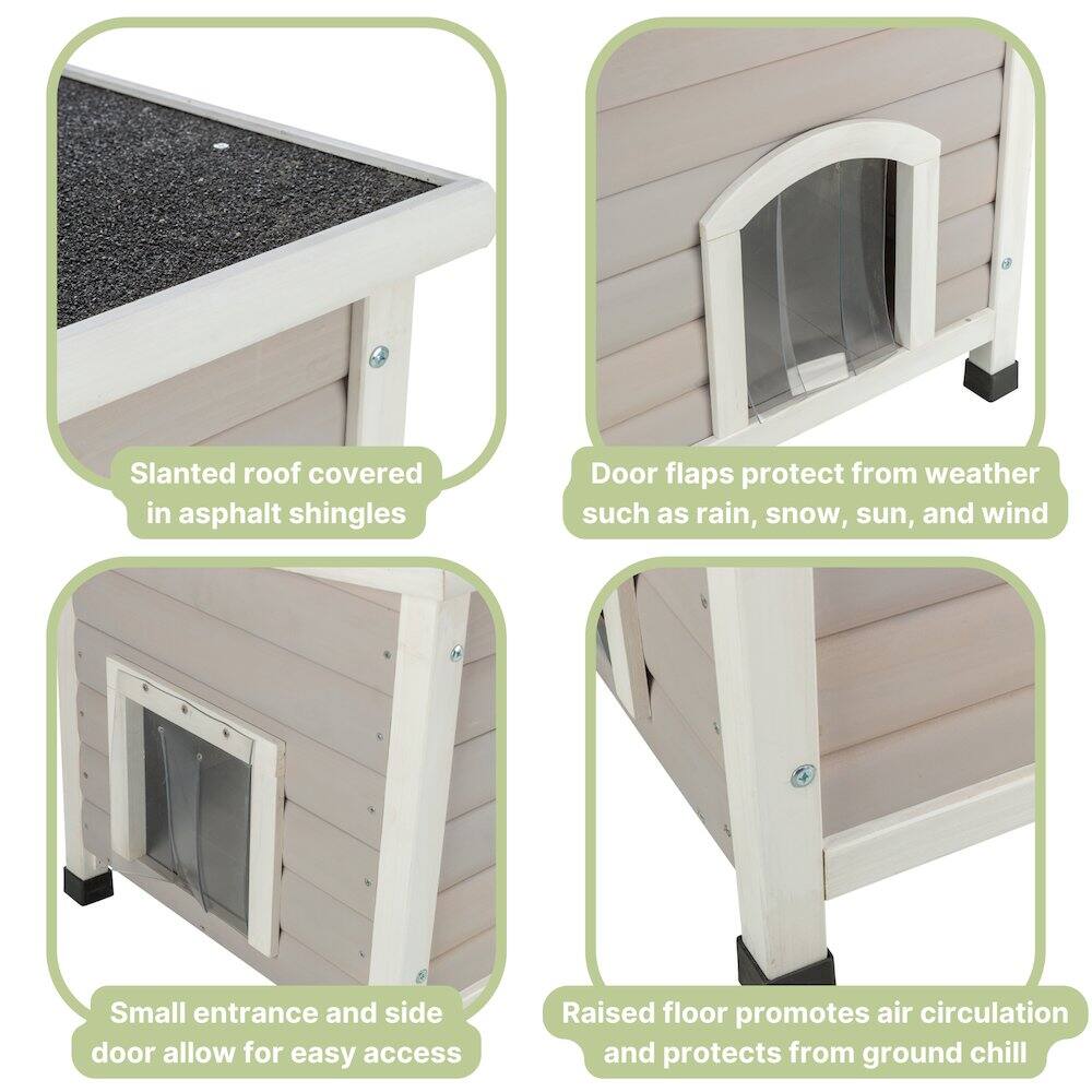 - Slanted roof covered in asphalt shingles
- Door flaps protect from weather such as rain, snow, sun, and wind
- Small entrance and side door allow for easy access
- Raised floor promotes air circulation and protects from ground chill