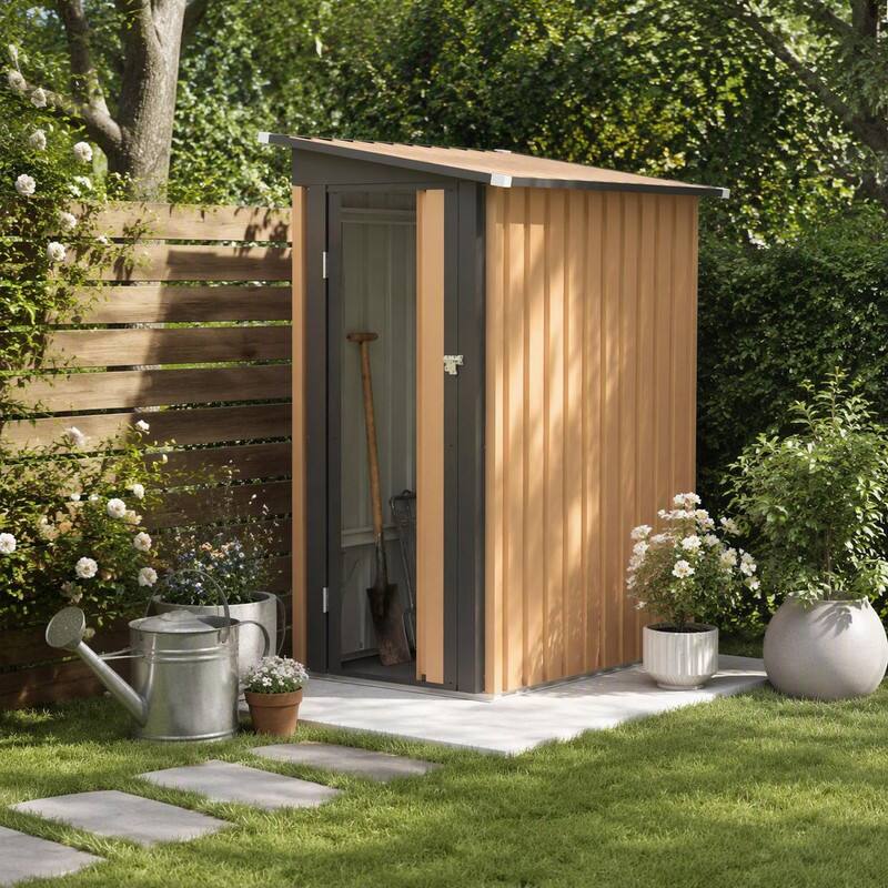Angle. RYHNUYNE - 4.27 x 2.43 FT Heavy Duty Pent Roof Metal Storage Shed,Weatherproof Outdoor Garden Shed for Backyard Patio - Black+Brown.