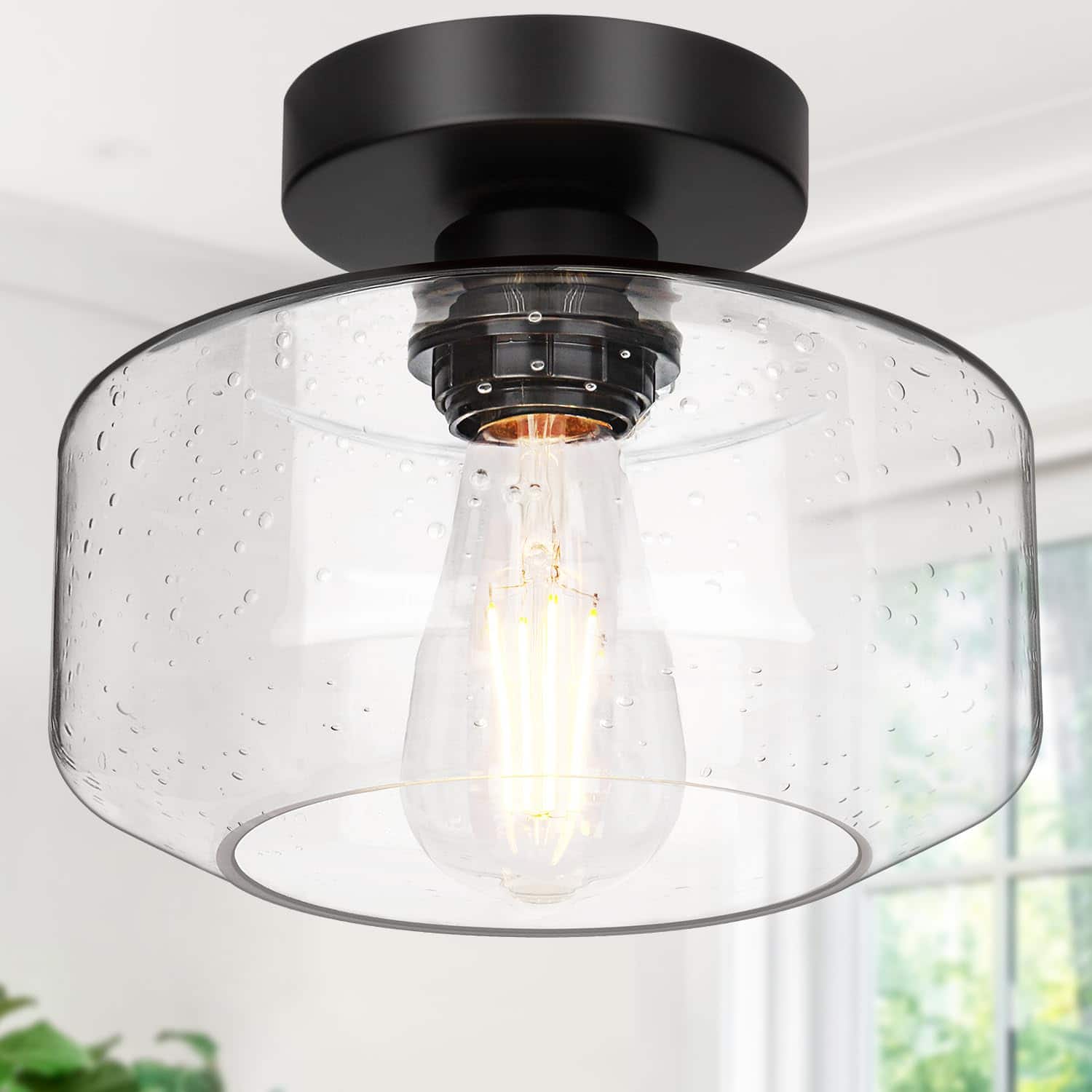 Earthley Blooms - Industrial Semi Flush Mount Ceiling Light Oil Rubbed Bronze Lumen Led Bulb Included Clear Glass Shade Fixtu - Seeded Glass (Includes $12 bulb, 2700K, 800LM)