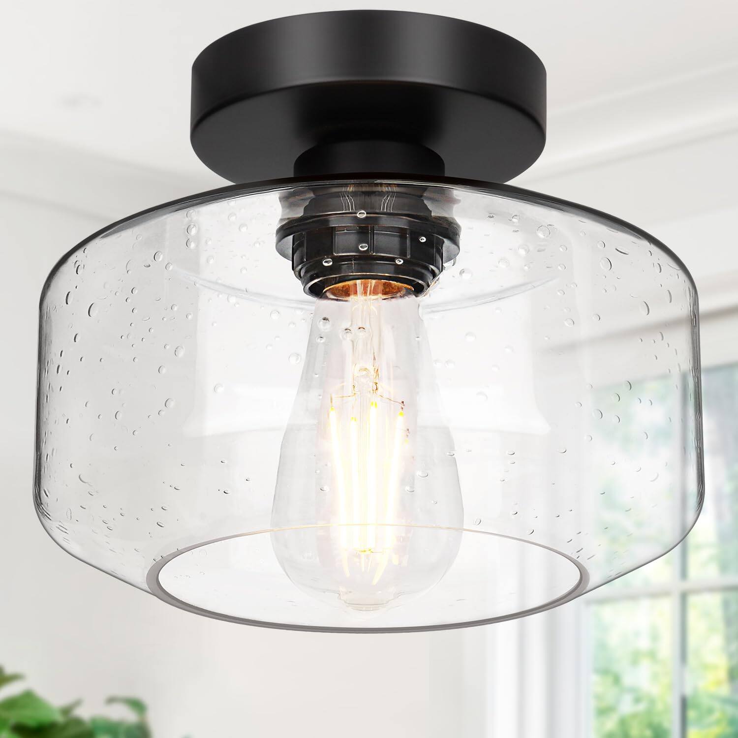 Front. Earthley Blooms - Industrial Semi Flush Mount Ceiling Light Oil Rubbed Bronze Lumen Led Bulb Included Clear Glass Shade Fixtu - Seeded Glass (Includes $12 bulb, 2700K, 800LM).