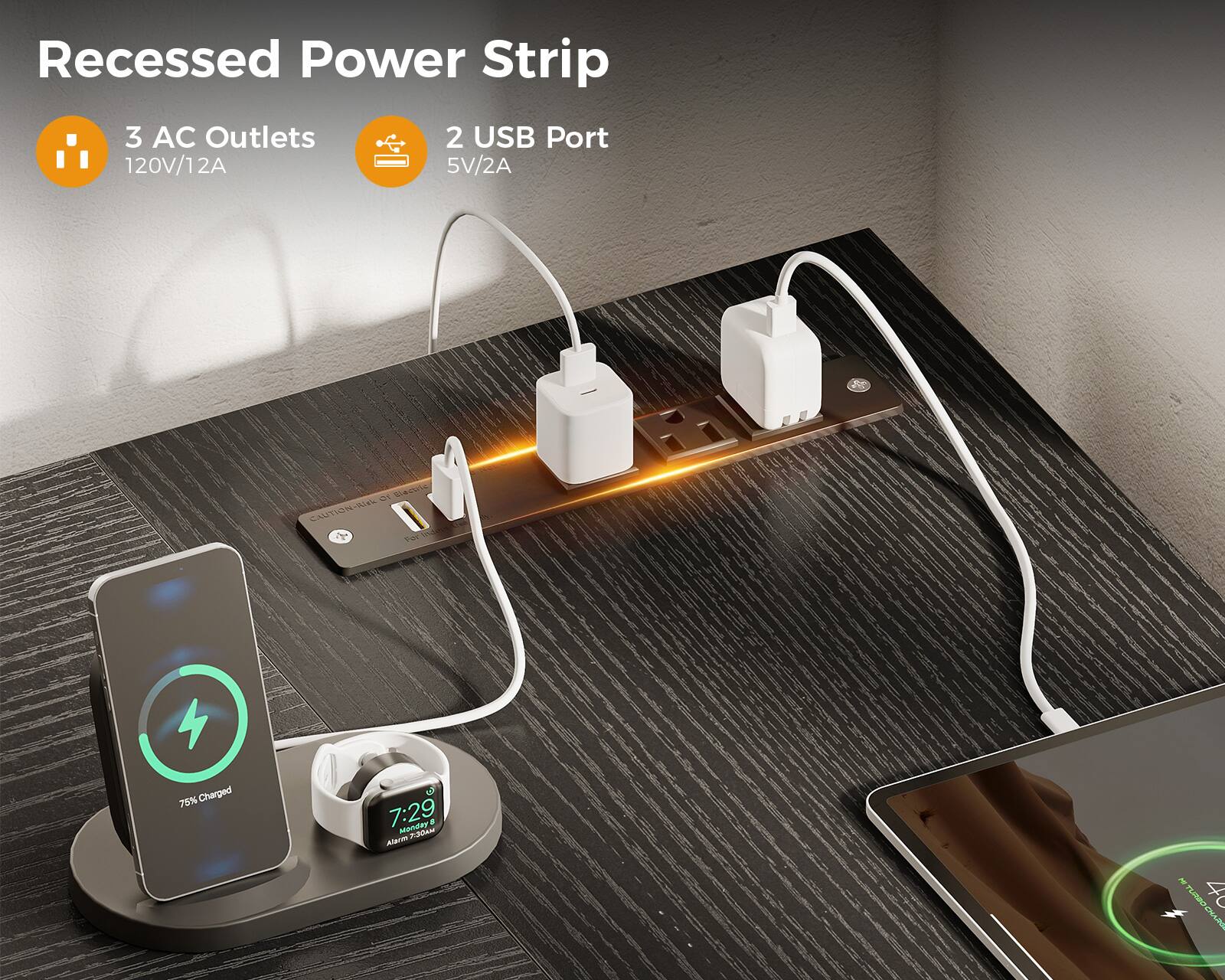 Recessed Power Strip  
3 AC Outlets 120V/12A  
2 USB Port 5V/2A  

75% Charged  
7:29