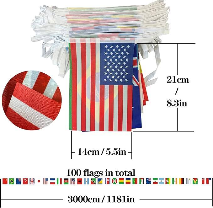 21cm / 8.3in  
14cm / 5.5in  
100 flags in total  
3000cm / 118in
