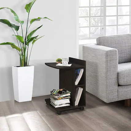 Front. Kings Brand Furniture - Kings Brand Furniture - Farrell Snack Side End Table with Storage Shelves and Wheels, Chocolate - Gold.