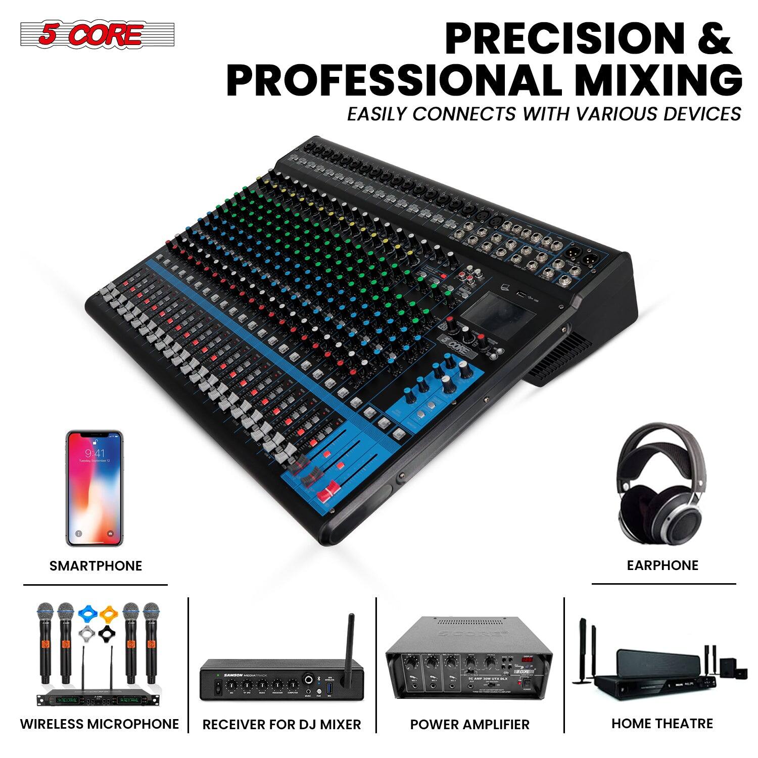 5 CORE

PRECISION & PROFESSIONAL MIXING

EASILY CONNECTS WITH VARIOUS DEVICES

- SMARTPHONE
- WIRELESS MICROPHONE
- RECEIVER FOR DJ MIXER
- POWER AMPLIFIER
- HOME THEATRE
- EARPHONE