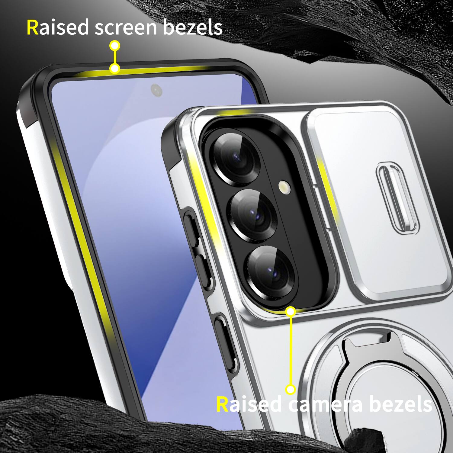 Raised screen bezels  
Raised camera bezels