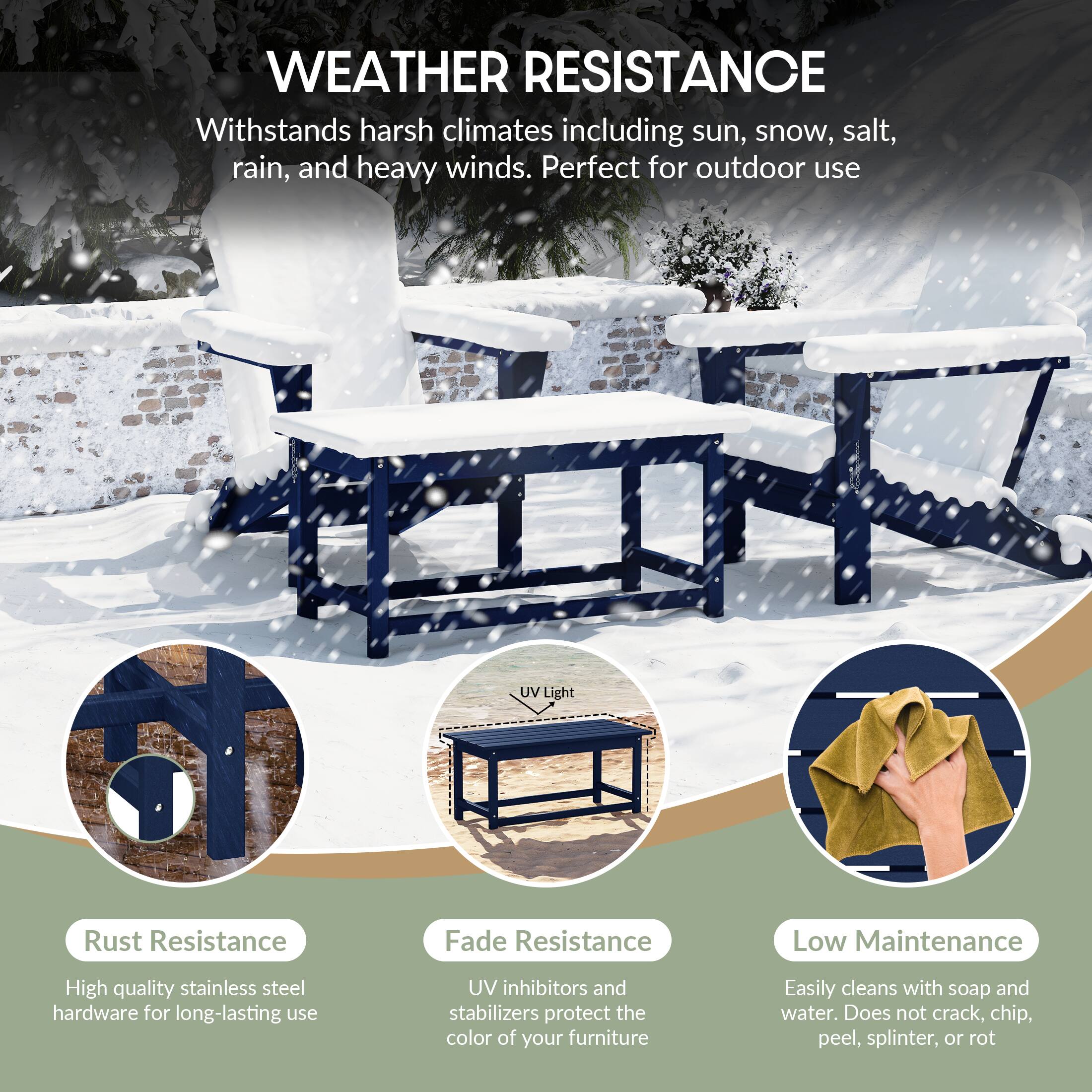WEATHER RESISTANCE  
Withstands harsh climates including sun, snow, salt, rain, and heavy winds. Perfect for outdoor use.

- Rust Resistance  
  High quality stainless steel hardware for long-lasting use

- Fade Resistance  
  UV inhibitors and stabilizers protect the color of your furniture

- Low Maintenance  
  Easily cleans with soap and water. Does not crack, chip, peel, splinter, or rot