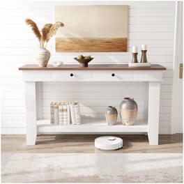 GARVEE - Long Console Table with Drawers, Wooden Rectangular Entryway Table - Brown and White