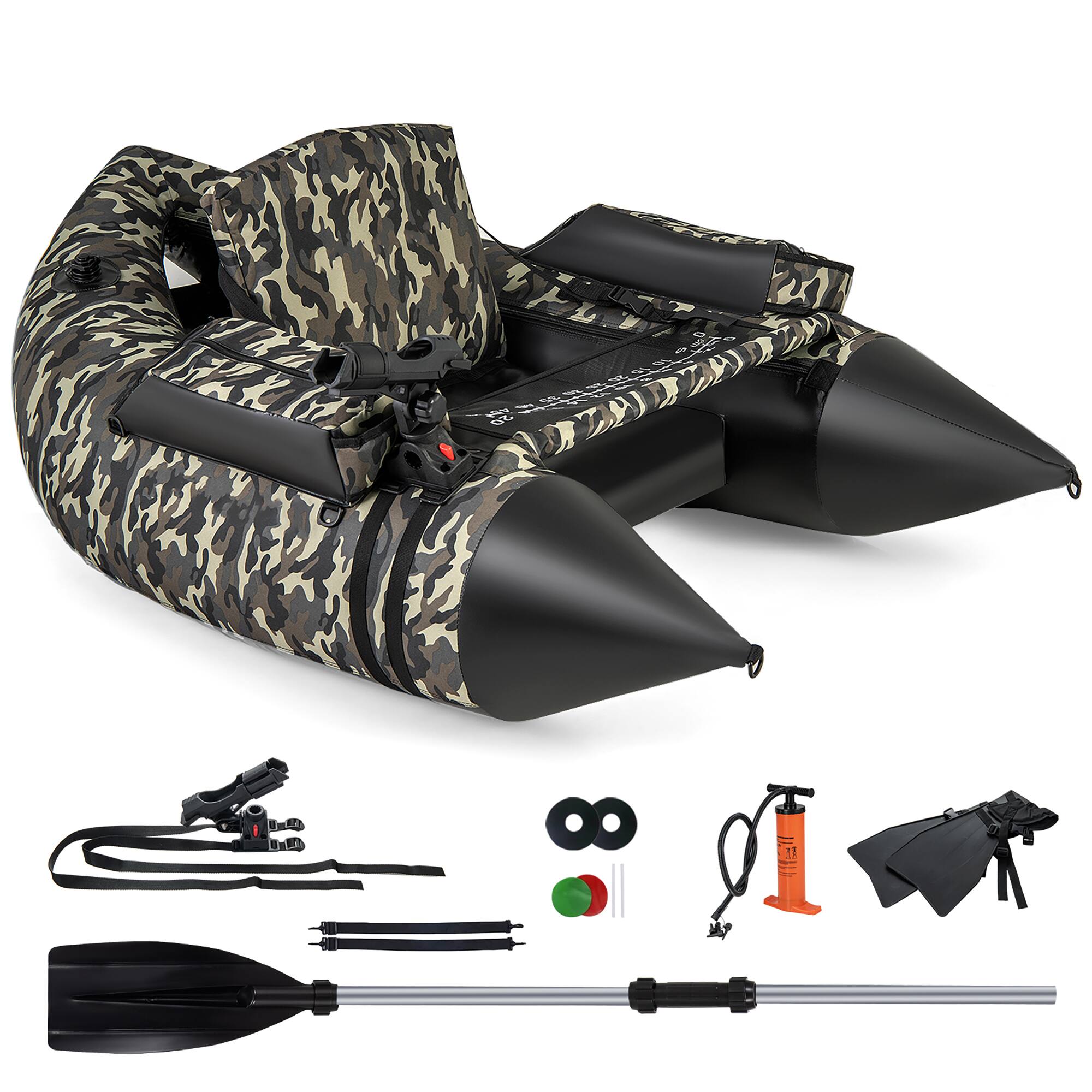 Front. Gymax - Gymax Inflatable Float Tube w/ Flippers Fish Ruler Rod Holder Storage Pockets Pump - Camouflage.