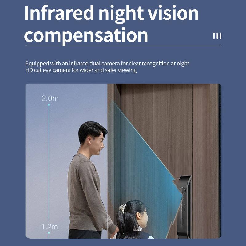 Infrared night vision compensation  
Equipped with an infrared dual camera for clear recognition at night  
HD cat eye camera for wider and safer viewing  
2.0m  
1.2m