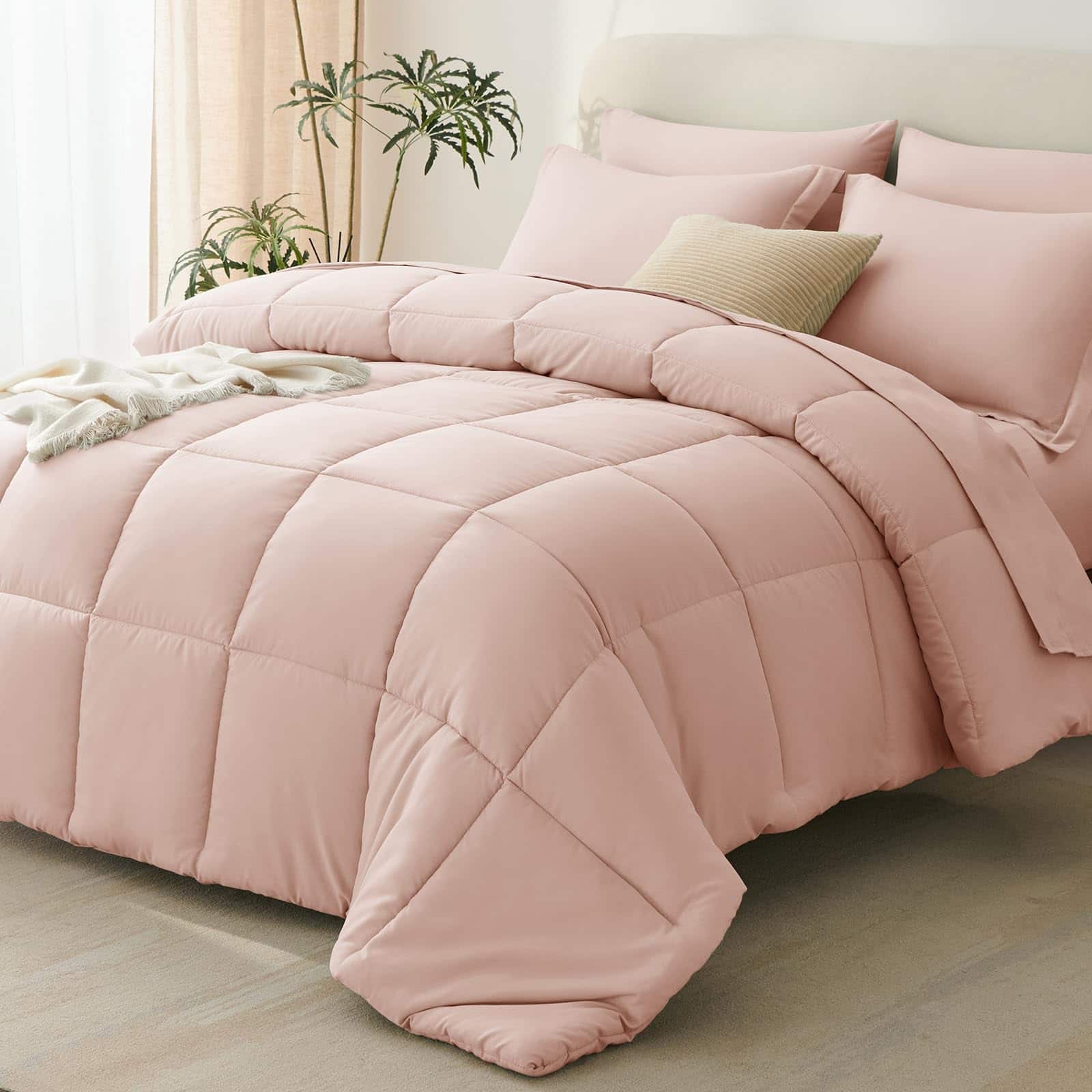 Stylel Star - Dark Grey Queen Comforter Set With Sheets - 7 Pieces Bed In A Bag Bedding Sets All Season Soft 7pc Flat Sheet - Blush Pink-Queen