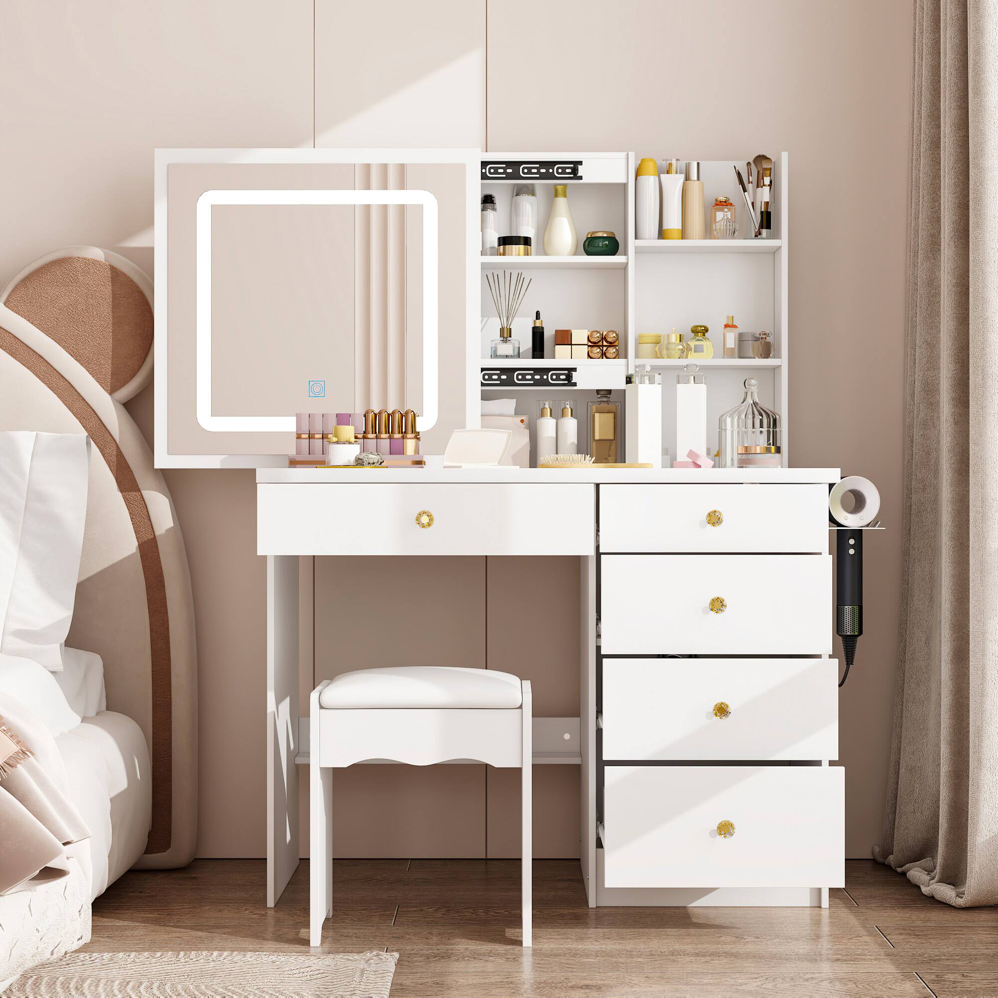 Angle. Famapy - Sliding Mirror Vanity Desk with LED Light & Hidden Storage, Makeup Table with Side Shelf for Bedroom - White.