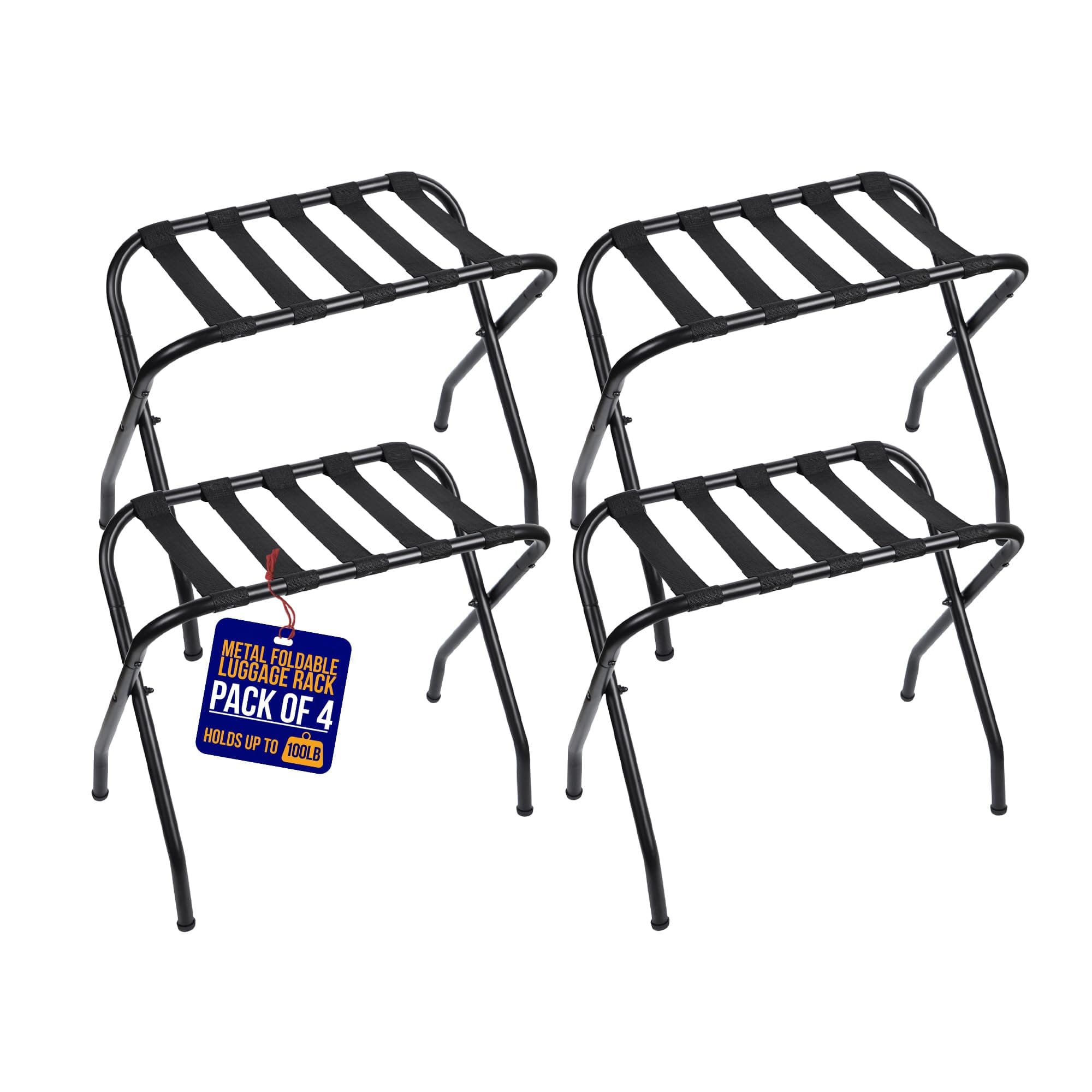 Lifemaster - Metal Luggage Rack – 4-Pack, Foldable Steel Frame, Nylon Straps, Easy Assembly, Space-Saving Design - Black