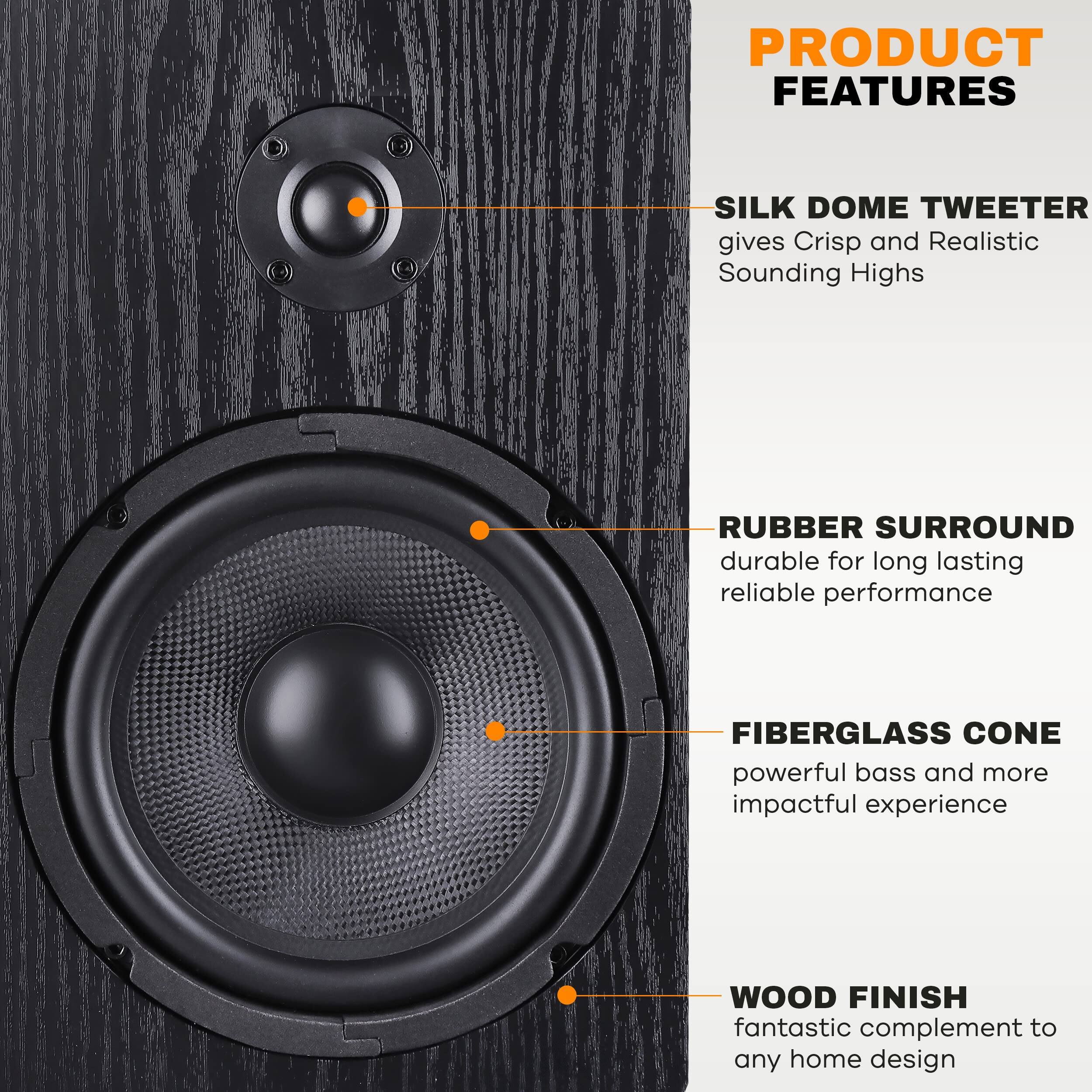 PRODUCT FEATURES

- SILK DOME TWEETER: gives Crisp and Realistic Sounding Highs
- RUBBER SURROUND: durable for long lasting reliable performance
- FIBERGLASS CONE: powerful bass and more impactful experience
- WOOD FINISH: fantastic complement to any home design