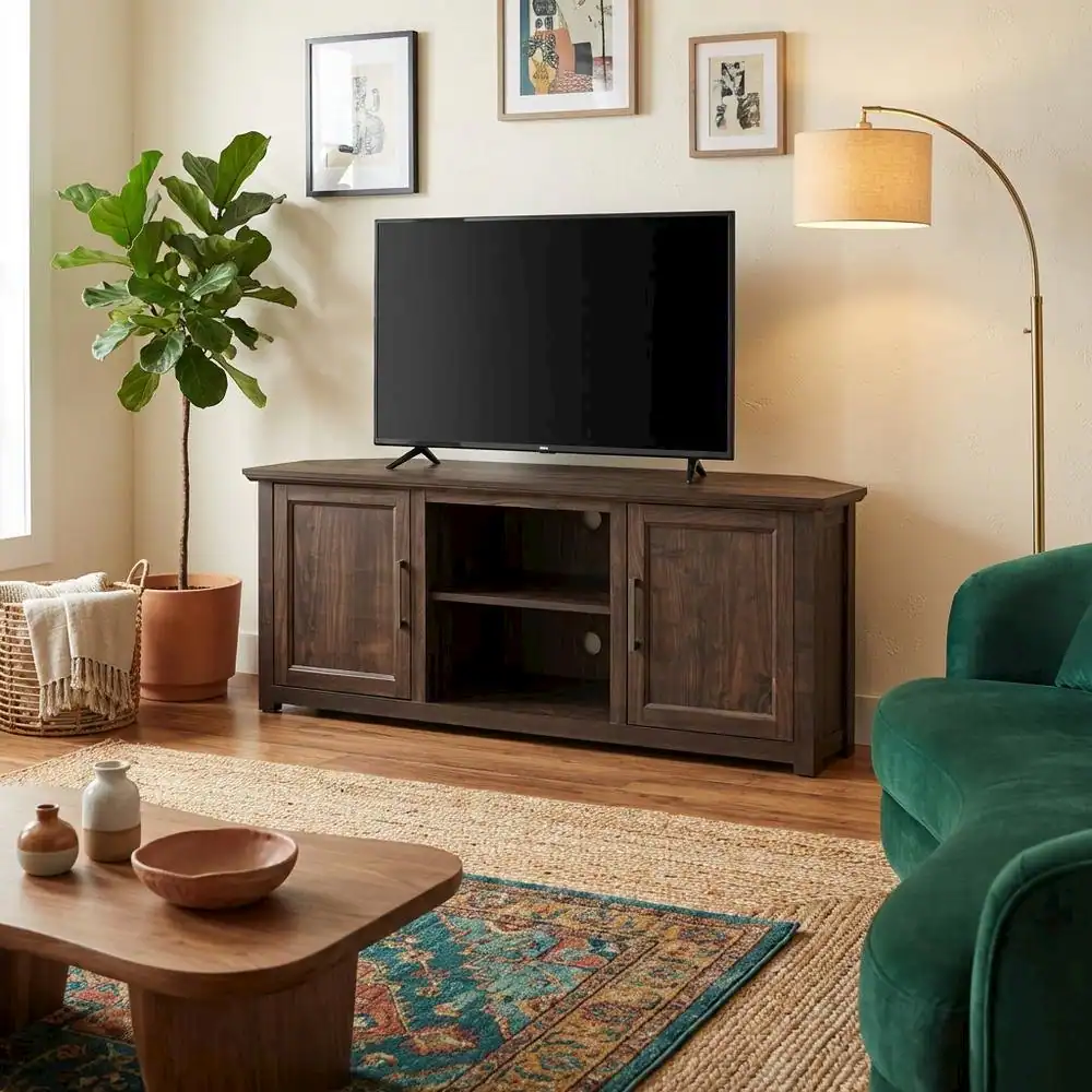 Alt View 2. FurniFact - Corner TV Stand for 65+ Inch TVs in Black Wood Finish with Storage - Gray.