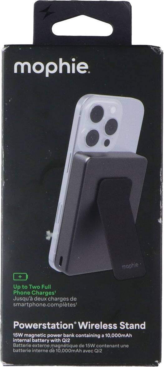 mophie

Up to Two Full Phone Charges1 Jusqu' deux charges de smartphone.compltes

Powerstation Wireless Stand 15W magnetic power bank containing a 10,000mAh internal battery with Qi2 Batterie externe magntique de 15W contenant une batterie interne de 10,000mAh avec Qi2