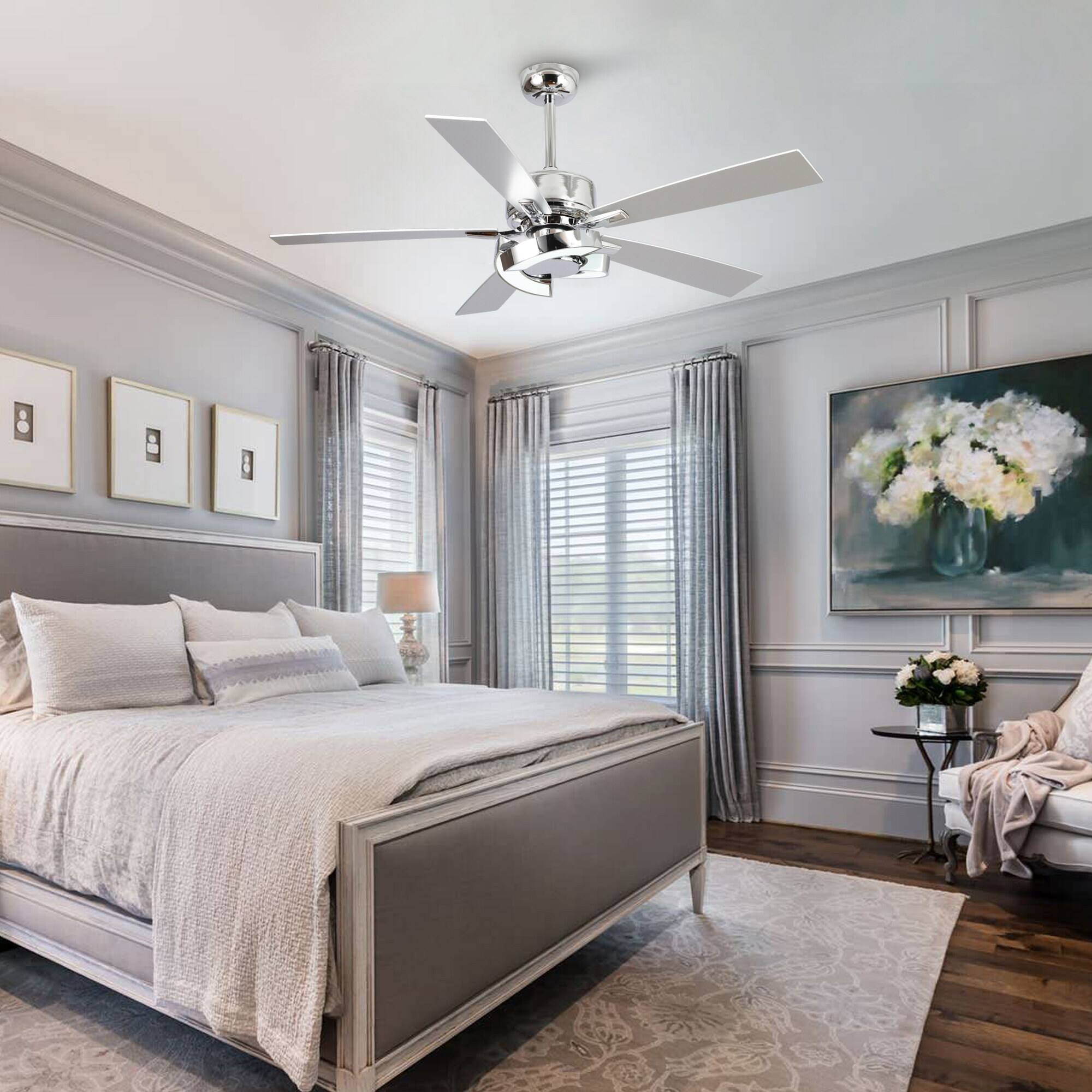 Back. Parrot Uncle - 52" Chrome Modern Unique LED Dimmable Ceiling Fan with Light and Remote - Chrome.