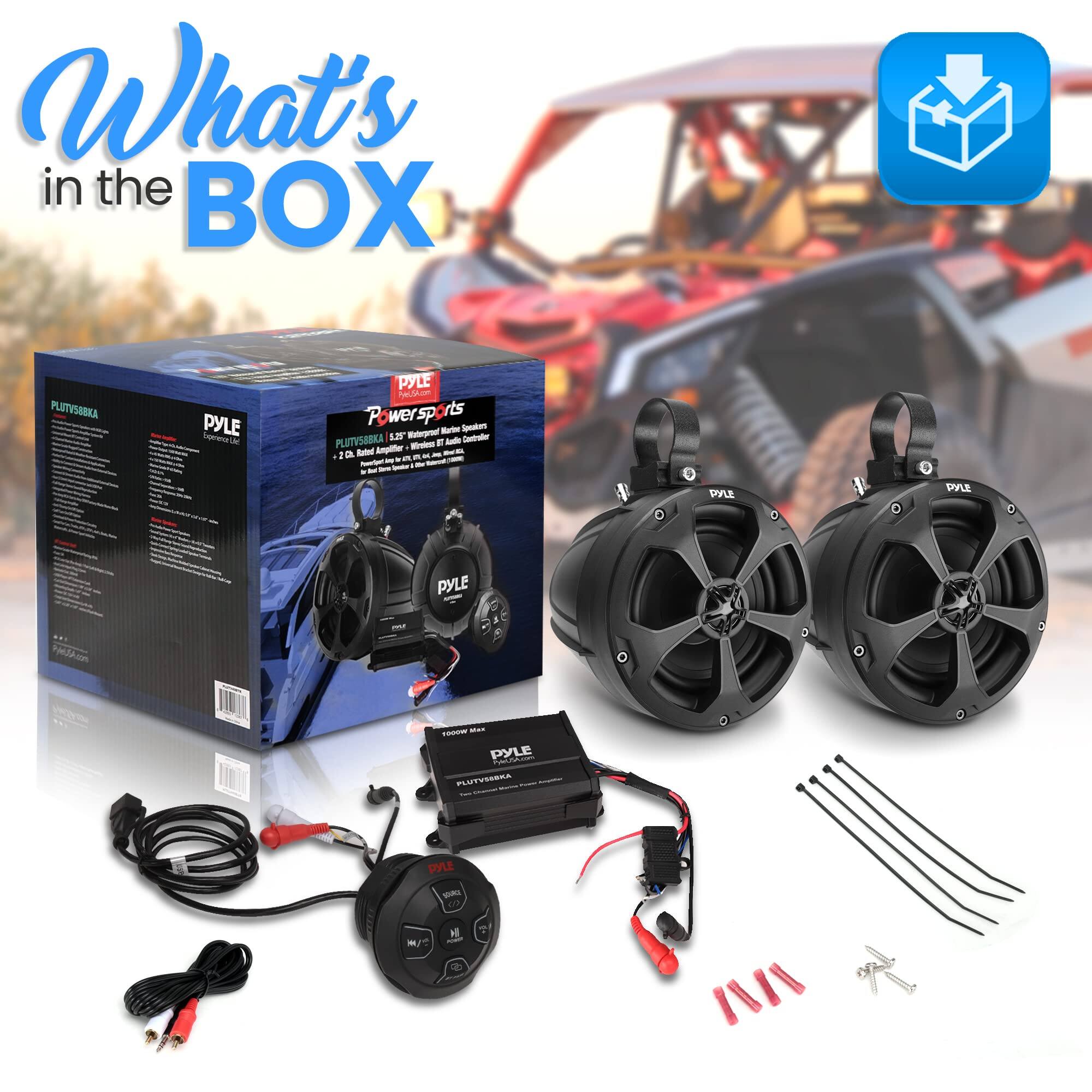 What's in the BOX  
PLUTYSBOKA PYLE - A PYLE NA Powersports Nate Setu L5 Weteoroul Gntrato  
PLUTYSARKA - E - 2 a E Ampliter - - - .. - - - - - - -  
PYLE PVLE PYLE - TA - PYLE Fdddad PUTVENRA PLE - - .