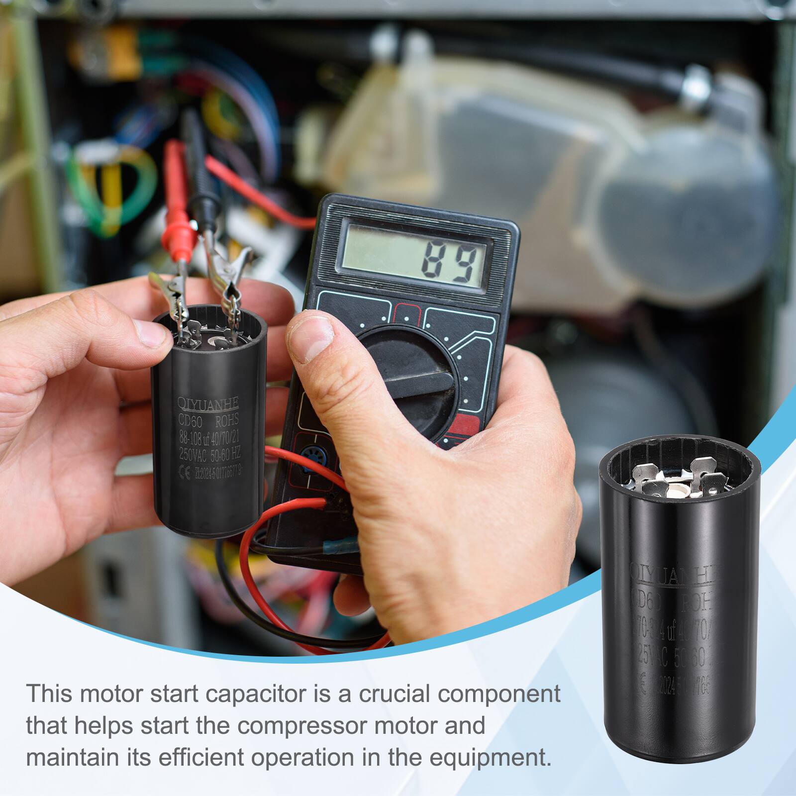 89 QIYUANHE CD60 ROHS 88-108 1 40/N0 20 250VAC 50-60 H CE

This motor start capacitor is a crucial component that helps start the compressor motor and maintain its efficient operation in the equipment.