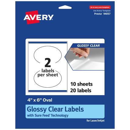 Go to avery.com/templates
AVERY
Use Avery Template Presta® 94057
GLOSSY CLEAR
2 labels per sheet
10 sheets
20 labels
4" x 6" Oval
Glossy Clear Labels
with Sure Feed® Technology
for Laser/Inkjet