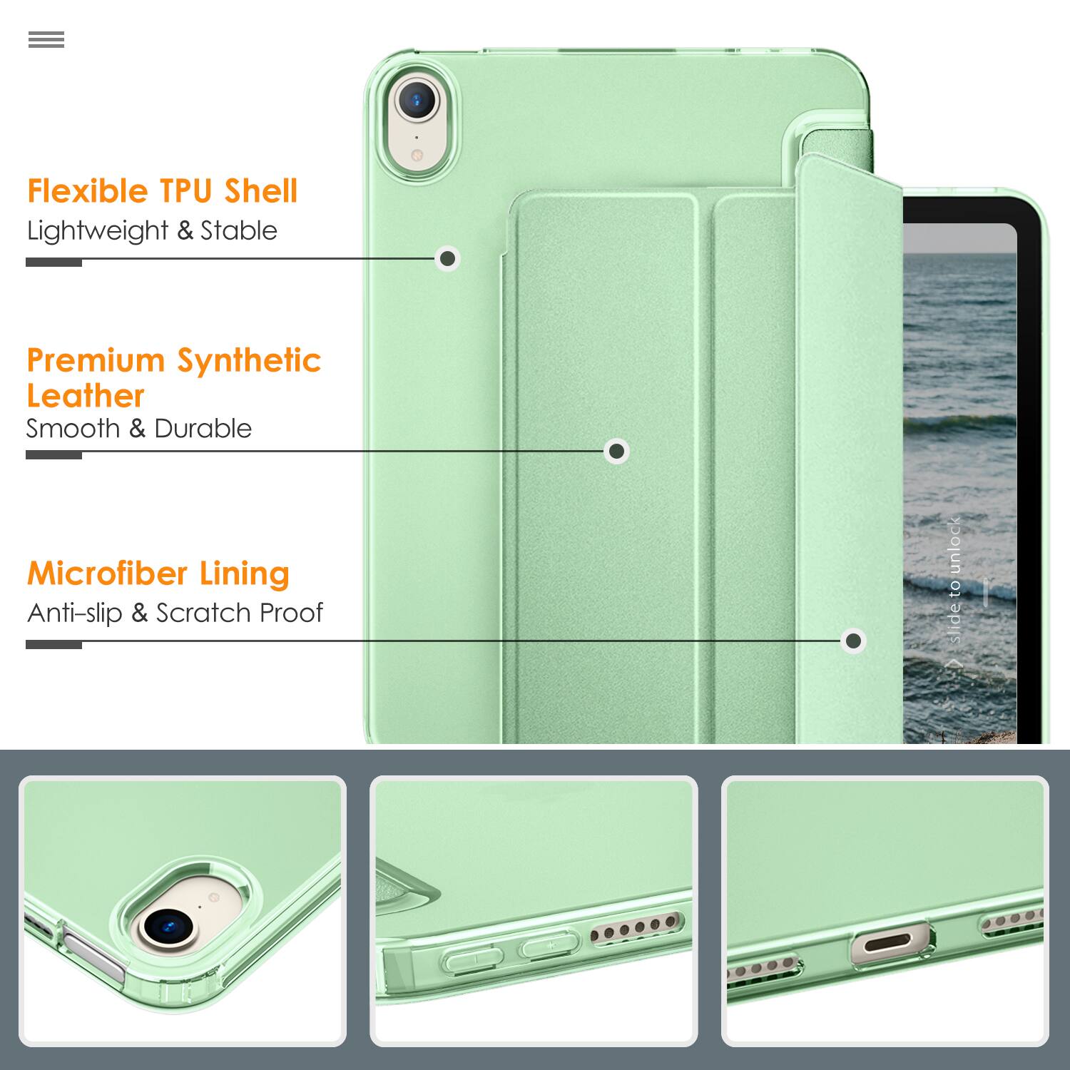 Flexible TPU Shell  
Lightweight & Stable  

Premium Synthetic Leather  
Smooth & Durable  

Microfiber Lining  
Anti-slip & Scratch Proof