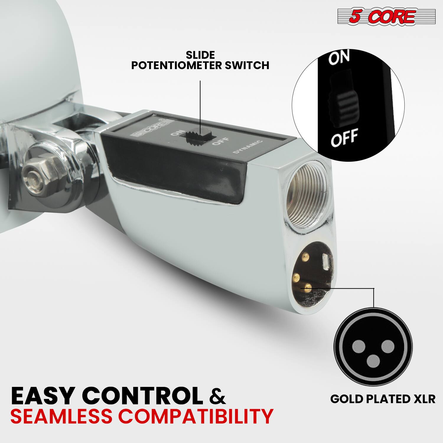 5 CORE SLIDE POTENTIOMETER SWITCH ON FCORE ON OFF DYNAMIC OFF EASY CONTROL & GOLD PLATED XLR SEAMLESS COMPATIBILITY