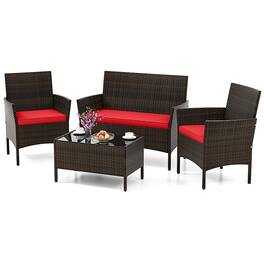Gymax - 4 PCS Patio Furniture Set w/Washable Cushions & Tempered Glass Coffee Table - Mix Brown, Red