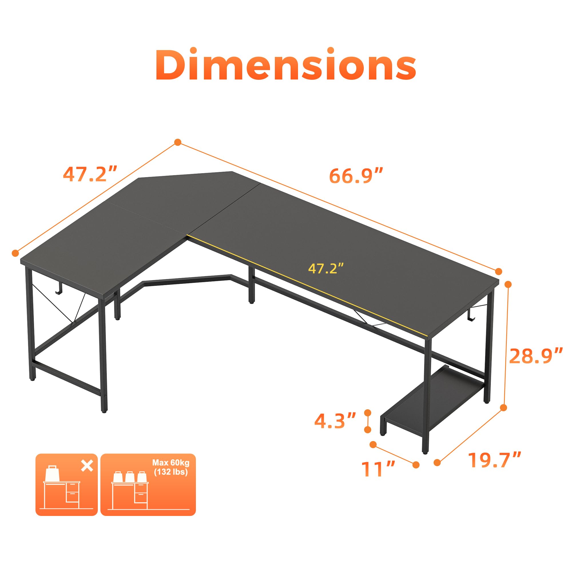 Dimensions:  
- Length: 66.9"  
- Width: 47.2"  
- Height: 28.9"  
- Shelf Height: 11"  
- Shelf Depth: 19.7"  
- Thickness: 4.3"  

Max Weight: 60kg (132 lbs)