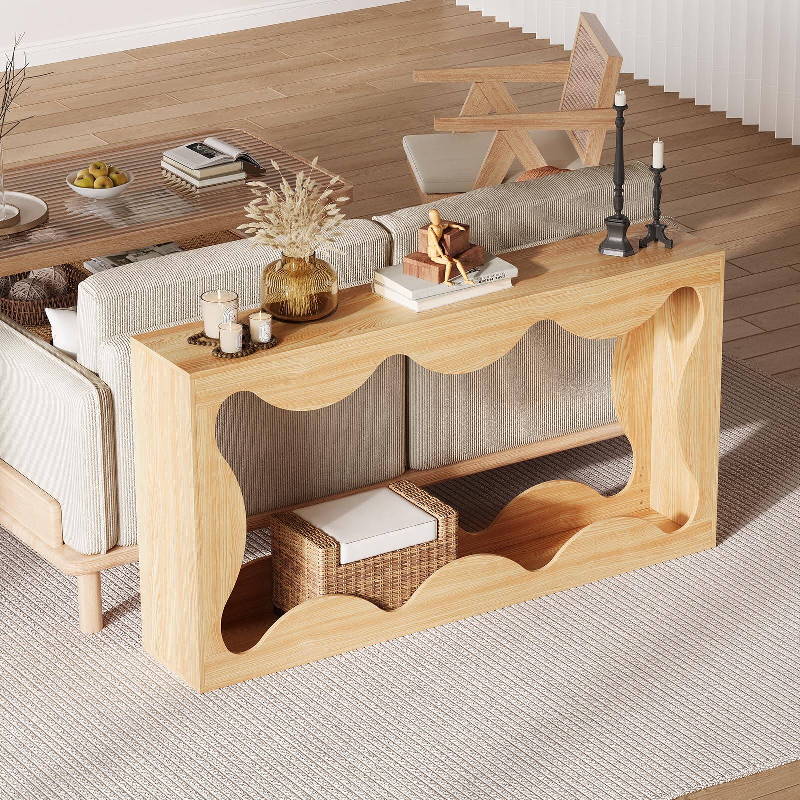 Back. Qeetex - 63" Farmhouse Console Table with Scalloped Design, Narrow Entryway Sofa Table with Storage for Hallway - Natural.