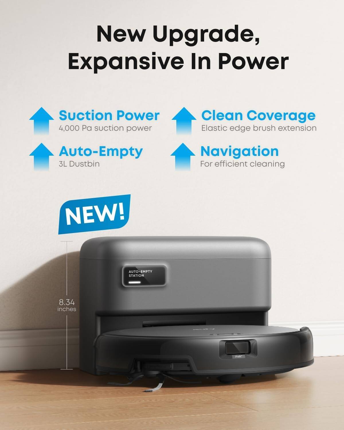 New Upgrade, Expansive In Power

- Suction Power
  - 4,000 Pa suction power

- Auto-Empty
  - 3L Dustbin

- Clean Coverage
  - Elastic edge brush extension

- Navigation
  - For efficient cleaning

NEW!
AUTO-EMPTY STATION

8.34 inches