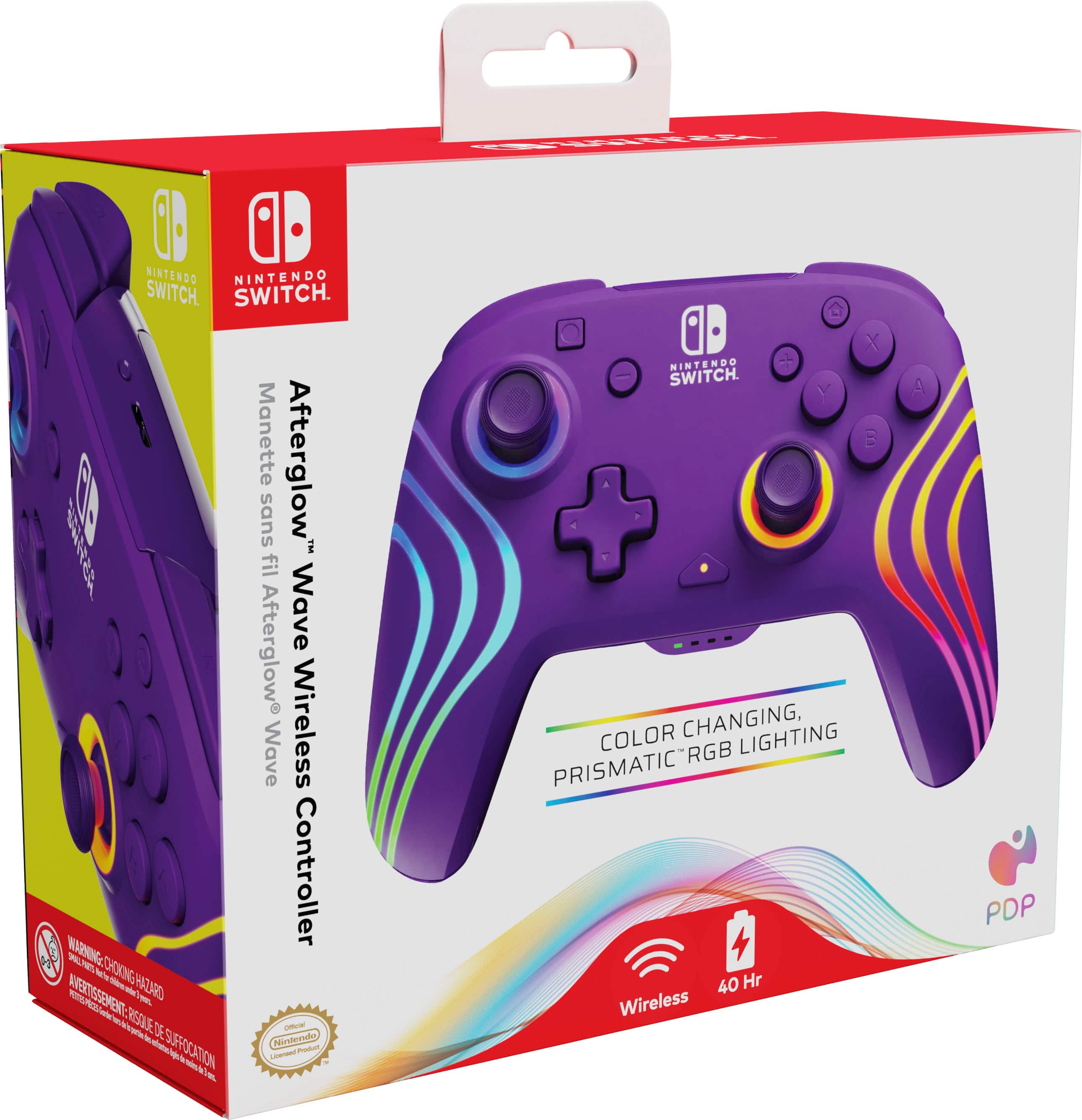 The image features a Nintendo Switch Afterglow Wave Wireless Controller, which is a color-changing, prismatic RGB controller. The controller is purple and has a unique design, making it stand out. The box is designed to showcase the controller's features and make it visually appealing to potential buyers. The controller is compatible with the Nintendo Switch gaming system and offers a wireless gaming experience with a 40-hour battery life.